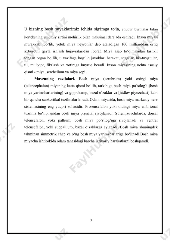 a qiladi. o‘sish va rivojlanish jarayonida miya bosh suyagi shaklini oladi. adabiyotda inson miyasidagi neyronlar sonining turlicha baholari keltirilgan. tadqiqotlarga koʻra, erkak miyasida o‘rtacha 86,1 8,1 milliard neyron va 84,6 9,8 milliard neyron bo‘lmagan hujayralar mavjud. shu bilan birga, miya yarim korteksida 19% neyronlar mavjud. boshqa tadqiqotlar esa, inson miyasida 90-96 milliard neyron mavjud ekanligini aytadi. miya jigar tomonidan ishlab chiqarilgan va oziqlanish uchun qonga kiradigan glyukozaning 50% ni iste’mol qiladi. inson miyasining massasi 1000 dan 2000 grammgacha o‘zgarib turadi, bu tana vaznining taxminan 2% ni tashkil qiladi. erkaklarning miyasi ayollarning miyasidan 100-150 gramm massasiga ega, ammo katta erkaklar va ayollarda tana va miya hajmining nisbati o‘rtasidagi statistik farq topilmadi. insonning aqliy qobiliyatlari miyaning massasiga bog‘liq, degan fikr keng tarqalgan: miyaning massasi qanchalik katta bo‘lsa, odam shunchalik qobiliyatli bo‘ladi. biroq, bu har doim ham shunday emasligi aniq. masalan, i. s. turgenevning miyasi 2012-yil, anatol fransiyaning miyasi esa 1017 g. eng …