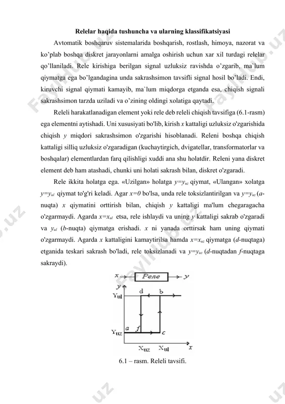 lektrik relelar o’z navbatida 9-turga bo’linadi (6.2-rasm). avtomatikaning elektrik relelari elektromagnit magnitoelektrik elektrodinamik induksion ferromagnit elektron ion elektroissiklik rezonans 6.2-rasm. elektrik relelarning klassifikatsiyasi. elektromagnit relelarida chulg’amdan o’tayotgan tok ta’sirida magnit maydon xosil bo’lib yakorning va kontaktlarning xolati o’zgartiriladi. magnitoelektrik relelarda chulg’am ramka kurinishida bajarilib o’zgarmas magnit maydonida joylashtirilgan. chulg’amdan tok utayotganda ramka prujinani kuchini yengib xarakatga keladi va kontaktlarning xolatini uzgartiradi. elektrodinamik rele ish prinsipi buyicha magnitoelektrik relega o’xshash lekin undagi magnit maydoni maxsus uyg’otish cho’lg’ami bilan hosil etiladi. induksion relening ish prinsipi relening cho’lg’ami hosil qiladigan o’zgaruvchan magnit oqimi va xarakatlanuvchan diskda hosil bo’ladigan tok o’zaro ta’siriga asoslangan. ferromagnit relelar magnit kattaliklari (magnit oqimi, magnit maydoni kuchlanganligi) yoki ferrodinamik materiallarining magnit tavsifnomalari o’zgarilishi ta’sirida ishlaydi. elektron va ion relelari bevosita kuchlanish yoki tok kuchi natijasida hosil bo’ladigan sakrashsimon o’zgarishlar ta’sirida ishlaydi. elektroissiqlik relelari xarorat ta’sirida ishlaydi. ularning ish prinsipi yuqorida ko’rib chiqilgan bimetalik va bilatomitrik datchiklarning ish prinsipiga o’xshash …