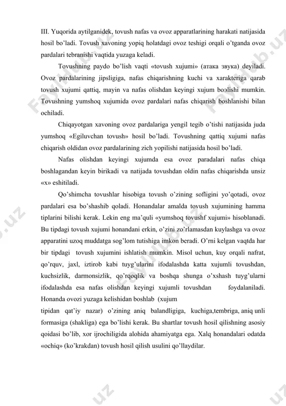 i tovushdan foydalaniladi. honanda ovozi yuzaga kelishidan boshlab (xujum tipidan qat’iy nazar) o’zining aniq balandligiga, kuchiga,tembriga, aniq unli formasiga (shakliga) ega bo’lishi kerak. bu shartlar tovush hosil qilishning asosiy qoidasi bo’lib, xor ijrochiligida alohida ahamiyatga ega. xalq honandalari odatda «ochiq» (ko’krakdan) tovush hosil qilish usulini qo’llaydilar. bunda tovush aniq chegaraga ega bo’lmasa-da ijrochiligi uchun bir xil uslub tanlanishi kerak. agar akademik ijrodagi xorning bir qismi «ochiq» tovush bilan kuylasa ansambl buzilishi mumkin. iv.xor ijrochiligida tovush yo’nalishining legato, non legato, staccato turlari ishlatiladi. legato tovushlarining bir-biri bilan uzluksiz bog’langan harakati bo’lib, har bir tovush keyingisiga osoyishta va aniq harakatda o’tishi kerak. legato qilib ijro etishga misol tariqasida rus xalq lirik qo’shiqlarini eslatish mumkin. portamento (portamento) turdagi tovush yo’nalishida tovushlar bir-biriga sirgalib o’tadi. bu kamchilik,tajribasiz ijrochilarga xos bo’lib xorda ishlatish mumkin emas. chunki u tovush intonatsiyasida noaniqliklarga olib keladi. stakkato (stakkatо) - tovushlarni vaqt oralab alohida-alohida ijro etish. stakkato tovushlari oralig’ida nafas …