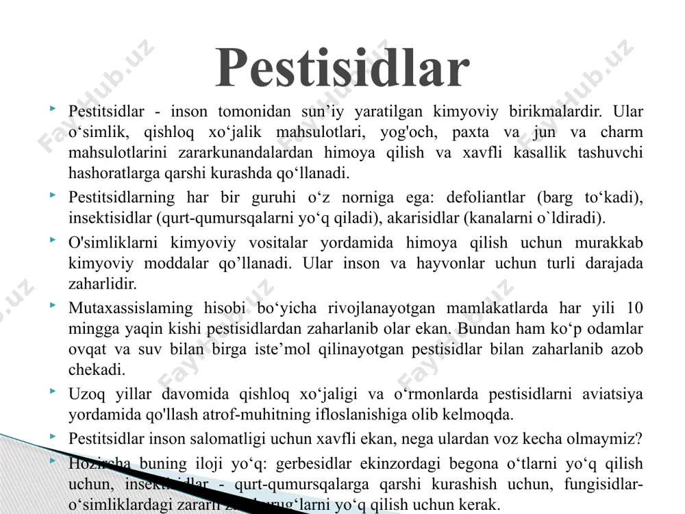ammo ishlov berish chog’ida ko’tarilgan shamol pestitsidlarni aholi yashaydigan joy yoki daryoga eltishi mumkin. bu holda pestisidlar foyda emas, zarar keltiradi. shuning uchun ushbu usulni juda ehtiyotkorlik bilan qo`llash zarurdir. pestitsidlar bilan ishlaydigan kishilar ehtiyot bo`lishi kerak. ularni tashishda to’kib-sochmaslik, ifloslantirmaslik lozim. pestisidlarning xavfli ta’sirini kamaytirish uchun olimlar qaysi yo`ldan borishmoqda? dalalarda kimyoviy ishlov berish jarayonida yovvoyi hayvonlarning nobud bo’lishi; pestisidlar qo’llanganda zararkunandalarning ommaviy tarqalib ketishi; pestisidlarga chidamli zararkunandalarning paydo bo’lishi; inson organizmining asab,endokrin,jinsiy va boshqa tizimlariga salbiy ta’siri. pestisidlarni qo’llashning salbiy oqibatlari karantin usuli seleksiya usuli agrotexnik usuli kimyoviy usuli fizik usuli biologik usuli pestisidlarni qo’llashning salbiy oqibatlariga qarshi kurash usullari anorganik birikmalar (margamush, mix, rux, ftor, bariy, simob,oltingugurt birikmalari,xloridlar va boratlar o’simliklar,bakteriyalar va zmburug’lardan olinadigan pestisidlar (anabazin, ikatin, peretrin, antibiotiklar) organik birikmalar(xlor organik,fosfor organik,karbonat kislota va uning xosilalari,fenol va uning xosilalari kimyoviy tarkibida ko’ra pestisidlar 3ta asosiy guruhga bo’linadi: pestisidlar kimyoviy tarkibiga ko’ra qo’llanishiga qarab insektitsidlar desikantlar fungisitlar …