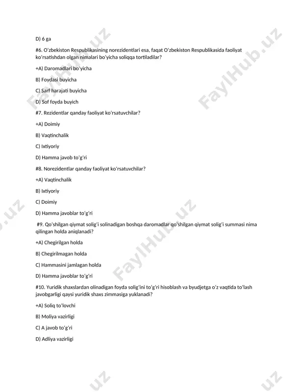asi buyicha c) sarf harajati buyicha d) sof foyda buyich #7. rezidentlar qanday faoliyat ko‘rsatuvchilar? +a) doimiy b) vaqtinchalik c) ixtiyoriy d) hamma javob toʻgʻri #8. norezidentlar qanday faoliyat koʻrsatuvchilar? +a) vaqtinchalik b) ixtiyoriy c) doimiy d) hamma javoblar toʻgʻri #9. qo‘shilgan qiymat solig‘i solinadigan boshqa daromadlar qo‘shilgan qiymat solig‘i summasi nima qilingan holda aniqlanadi? +a) chegirilgan holda b) chegirilmagan holda c) hammasini jamlagan holda d) hamma javoblar toʻgʻri #10. yuridik shaxslardan olinadigan foyda solig‘ini to‘g‘ri hisoblash va byudjetga o‘z vaqtida to‘lash javobgarligi qaysi yuridik shaxs zimmasiga yuklanadi? +a) soliq toʻlovchi b) moliya vazirligi c) a javob toʻgʻri d) adliya vazirligi #11. yuridik shaxslar foyda solig‘i to‘lovchilari bo‘lishi uchun quyidagi shartlarga javob berishi kerak: +a)o‘zining mol-mulkiga ega bo‘lishi; mustaqil tugallangan buxgalteriya balansiga ega bo‘lishi; bankda hisob-raqamiga ega bo‘lishi b )litsenziya olgan bo’lishi c) yer va mol mulk solig’ini to’lagan bo’lishi d) soliq bazasiga ega bo’lishi #12. aksiz solig‘i qo‘shilgan qiymat …