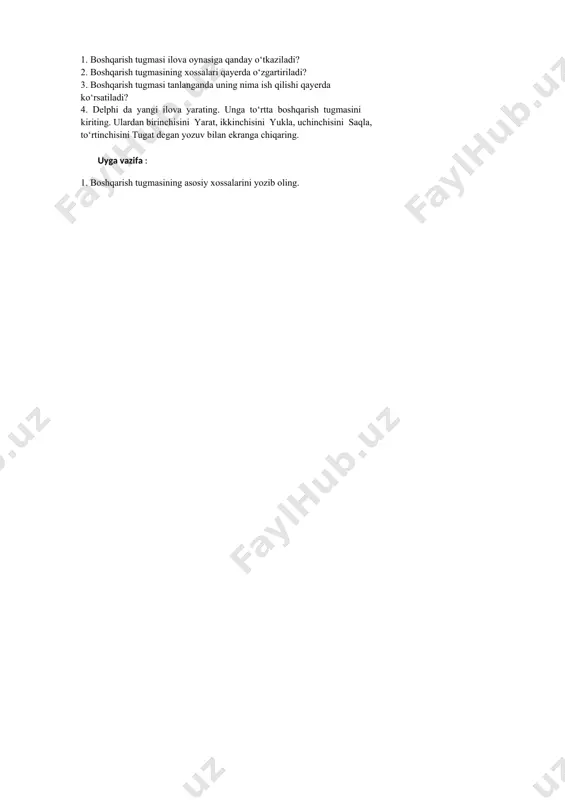 yozuv bilan ekranga chiqaring. uyga vazifa : 1. boshqarish tugmasining asosiy xossalarini yozib oling. image1.png image2.png