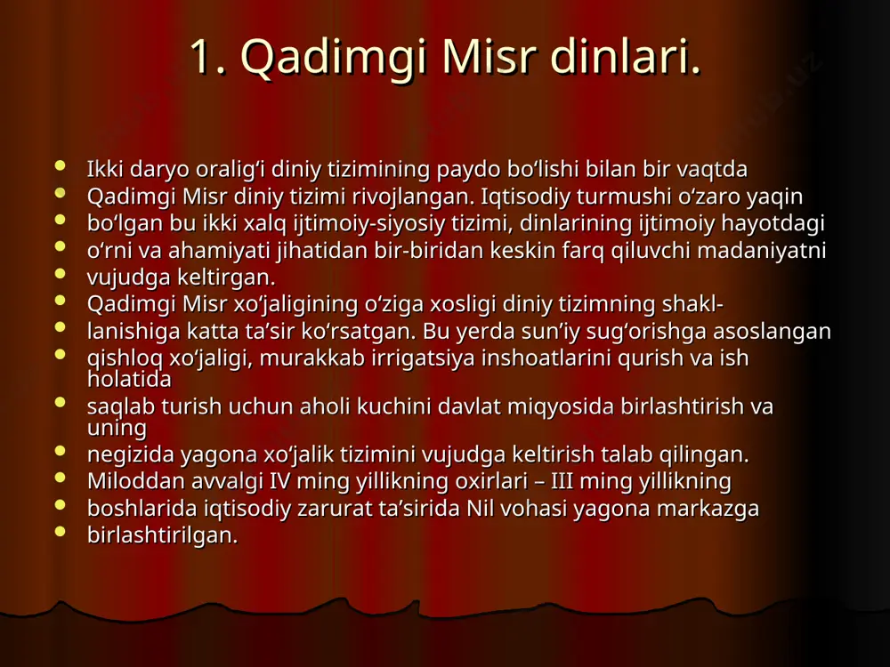 ltanati xudosi hisoblangan. rivoyatda aytilishicha, osiris misrning ilk podsholaridan biri bo'lib, o'z xalqini dehqonchilikka o'rgatgan. birodari set esa osirisni o'ldiradi. ammoosirisning xotini isida uni mumiyolagan va qayta tiriltirgan ekan. o'shandan boshlab jon qaytib keladigan joy bo'lishi uchun barcha marhumlar mumiyolanadi. osiris ibodatxonasi xarobalari abidos shah rid a hozirgacha saqlanib qolgan. 35 mil. avv. 2-mingyillikdan boshlab esa quyosh xudosi amon-ra fir'avnlarning bosh ilohi va homiysi hisoblangan. dastavval ikkita xudo bo'lgan: fiva shahri homiysi amon va quyosh xudosi ra, so'ngra ikkalasi yagona xudoga birlashgan. lining ibodatxonasi geliopolda (baolbek) bo'lgan. fir'avnlar quyosh xudosi o'g'illaridir, hukmdorlar hamma ishni o'zining samoviy otasi amri bilan amalga oshiradi, degan qarash mavjud bo'lgan. kohinlar va ibodatxonalar kohinlar xudolar va odamlar o'rtasida vositachi bo'lishgan. misrliklar e'tiqodicha, mabodo yer yuzida maxsus marosimlar ado etilmasa, xudolar odamlarga madad bermay qo'yadilar. kohinlar diniy marosimlarni bilar, qurbonlik bag'ishlar edilar. kundalik turmushda ham kohinlarsiz biron ish qilish mushkul edi. kohinlar nil toshqini vaqtini, qachon …