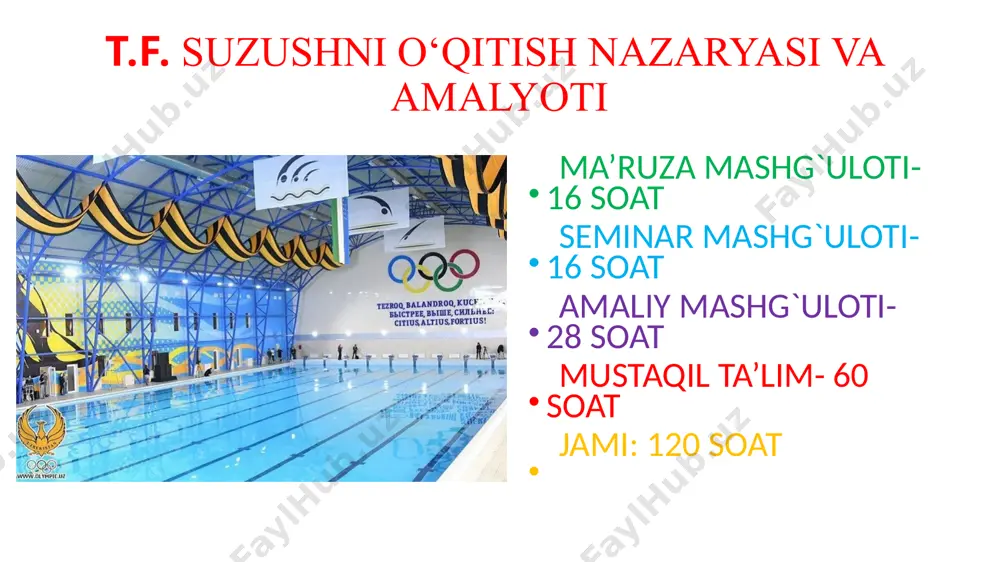 n so‘ng o‘zbekiston respublikasining jismoniy tarbiya tizimida suzish sportining o‘rni vazifalari 5- mavzu. suzishning ilmiy-nazariy asoslari. suvning fizik xossalari. 6-mavzu. suzish usullarini rivojlanish tarixiga umumiy tavsifi. 7-mavzu. suzish usullar texnikasini o‘rgatish. 8-mavzu. suvda cho‘kayotgan odamga birinchi yordam ko‘rsatish seminar mashg`ulotlari. 1. suzish va uni o‘qitish metodikasi fanining maqsadi hamda vazifalari. suzish sportining rivojlanish tarixi. 2. suzish sportining rivojlanish tarixi. 3. o‘zbekistonda suzishning rivojlanishi ( 1918-1941) yillar misolida 4. mustaqillikdan so‘ng o‘zbekiston respublikasining jismoniy tarbiya tizimida suzish sportining o‘rni vazifalari 5. suzishning ilmiy-nazariy asoslari. suvning fizik xossalari. 6. suzish usullarini rivojlanish tarixiga umumiy tavsifi. 7. suzish usullar texnikasini o‘rgatish. suzishni tashkil qilish va o‘tkazish metodikasi 8. suvda cho‘kayotgan odamga birinchi yordam ko‘rsatish. amaliy mashg`ulotlar mavzulari. suvda nafas olish va nafas chiqarishni o‘rgatish suzish mashg‘ulotlarida mashq qilish va o‘rgatish asoslari. suzishning usullarini o‘rgatish va o‘zlashtirish bo‘yicha tayyorlov mashqlari. suzish texnikasini takomillashtirish va o‘rgatishda maxsus sport mashqlari. ko‘krakda kroll usulida suzish texnikasini o‘rgatish. …