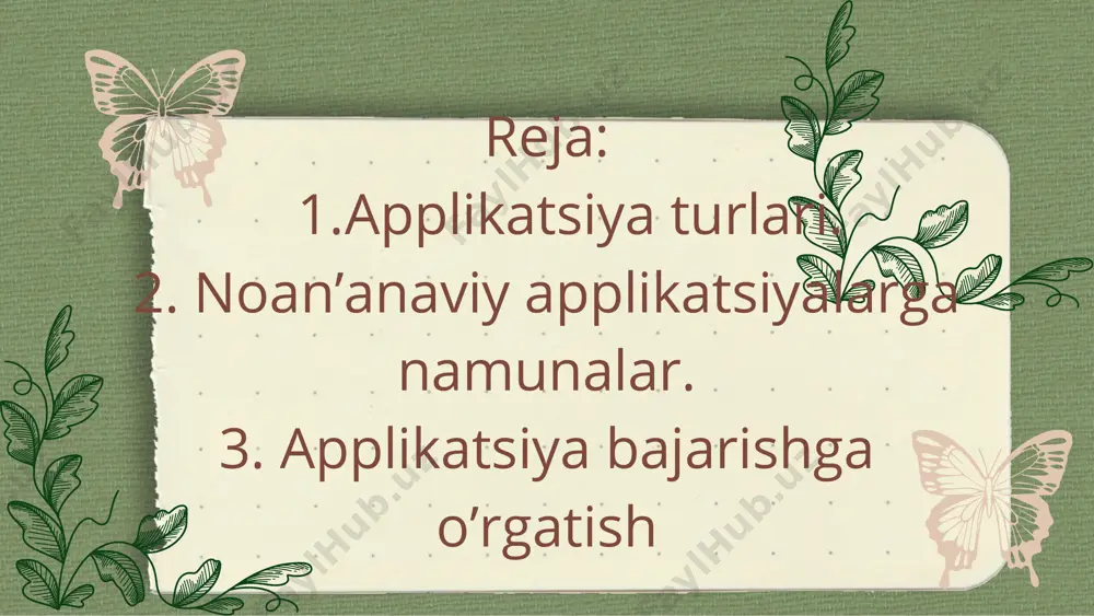 individualligi ham ochiladi. foydalanilgan adabiyotlar! 1. mititello k. applikatsiya. texnika i iskusstvo. m.: eksmo, 2005. 2. xomenko v., nikityuk g. applikatsiya, kartini i panno iz prirodnix materialov. xarkov-belgorod, izd-vo «krug semeynogo dosuga», 2010. 3. ro’ziyev e.i. applikatsiya turlari va ulardan mehnat ta’limi hamda to`garak mashg`ulotlarida foydalanish metodikasi. “pedagogik tadqiqotlar”, 2017, №1/ - 6-10 b. 4. ro`ziev e.i. xudoyberganov a.n. badiiy loyihalash (san’at gimnaziyalari, litseylari va o`rta maktablar uchun metodik qo`llanma). urganch, 1998. – 45 b. 5. sokolnikova n.m. izobrazitelnole iskusstvo i metodika ego prepodavaniya v nachalnoy shkole. m.: izdatelskiy tsentr “akademiya”, 2002. 6.raximova g.a. san'at kasb-hunar kollejlari o'quvchilarini applikatsiya bajarishga o'rgatish metodikasi. (bitiruv malakaviy ish). urganch 2013. e’tiboringiz uchun rahmat! image1.jpeg image2.png image3.png image4.svg image4.png image6.svg image9.jpeg image10.jpeg image5.png image8.svg image6.png image10.svg image7.jpeg image8.jpeg image11.jpeg image12.jpeg image13.jpeg image14.jpeg image15.jpeg image16.jpeg image17.jpeg image18.jpeg image19.jpeg image20.jpeg image21.jpeg image22.jpeg image23.jpeg image24.jpeg image25.jpeg image26.jpeg image27.jpeg image28.jpeg image29.jpeg image30.jpeg image31.png image36.svg /docprops/thumbnail.jpeg