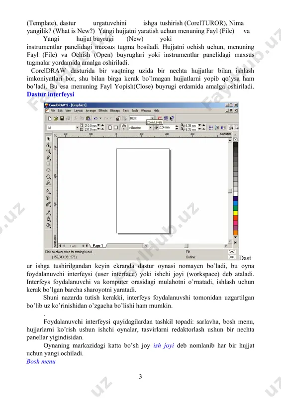 ktlar qilish va muharrirlashda foydalaniladigan buyruqlardan tashkil topgan. shu bilan birga qo’shimcha menu (context-sensitive menu)da kiritilgan bu menu vazifasi joriy bo’lgan instrumentning obyektlari haqida malumot beradi. vositalar satrlari menu satri tagida asboblar satri (toolbars) joylashgan. asboblar satrini ekranning hohlagan joyida va har xil ko’rinishda joylashtirish mumkin. ekranga kerakli oynalarni joriy qilish uchun menuning oyna (window) yordamida amalga oshiriladi va ular ustida quyidagi amallar bajariladi: asboblar (toolbars) satriga sichqonchani o’ng tononi bilan chertib muloqat oynasini paydo etamiz va parametrlar (options), rostlash dan kerakli bo’lgan asboblar tanlanadi. свойства (property bar) vositalar satri свойства (property bar) asboblar satridagi maydonlar va tugmalar yigindisi foydalanilayatgan asboblar yoki tanlangan obyektga bogliq bo’ladi, masalan, asboblar satridagi matn bloki tanlanganda matnning parametrlari ko’rsatiladi. cвойства (property bar) satridagi asboblardan birontasi tanlanmagan holda hujjatning umumiy parametrlari ko’rsatiladi, masalan, sahifa formati, unuig orientatsiyasi va h. ko’rsatadi. holat satri (status bar) ekrandagi ishchi oynaning pastgi qismida holat satri (status bar) joylashgan, bu …
