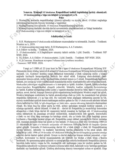 mustaqil o’zbekiston respublikasi tashkil topishining tarixiy ahamiyati — PDF