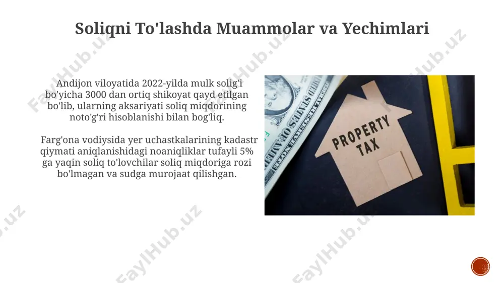 19-asrda buxoro amirligida yer soliqlari, yerning unumdorligi va suv resurslarining mavjudligiga qarab, har xil miqdorda undirilar edi, bu soliqlar asosan yer egalari tomonidan toʻlanardi. soliq stavkasi va hisob-kitob тошкент шаҳрида 2023 йилда кўчмас мулк солиғи ставкаси 0,1% дан 0,4% гача, ер солиғи эса ер майдони ва жойлашувига қараб, 1000 сўмдан 5000 сўмгача ўзгаради. хоразм вилоятидаги қишлоқ хўжалигига мўлжалланган ерлар учун солиқ ставкаси, 1 гектар учун ўртача ҳисобда 3000 сўмни ташкил этади, бу миқдор ернинг унумдорлигига боғлиқ равишда ўзгариши мумкин. yer solig'i va byudjet samarqand viloyatida 2021-yilda yer va mulk soligʻi tushumlari umumiy byudjet daromadlarining 7% ni tashkil etdi, bu 300 million soʻmdan ortiq mablagʻni anglatadi. 2022-yilda oʻzbekistonning maʼlum hududlarida, masalan, toshkent shahrida yer soligʻi va mulk soligʻi stavkalari 15% gacha oshganligi kuzatildi, bu byudjet daromadlarining oʻsishiga taʼsir koʻrsatdi. soliqdan ozod qilish va imtiyozlar тошкент шаҳридаги кўп квартирали уйларда яшовчи 70 ёшдан ошган пенсионерларга солиқдан 50% ли имтиёз берилади, бу 2023 …