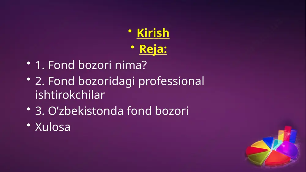 tli qogʻozlar joylashtiriladi. birlamchi bozorning asosiy qatnashchilari qimmatli qogʻoz emitentlari va investorlardir. investitsiya qilish uchun asosiy va aylanma moliyaviy kapital zaxiralariga muhtoj boʻlgan emitentlar fond bozorida qimmatli qogʻozlar taklifini belgilaydi. fond bozorining professional ishtirokchilari fond bozori ishlari uning professional xodimlari: brokerlar (bitimda oʻz kapitali bilan qatnashuvchi vositachilar), boshqaruvchilar (ishonib topshirilgan qimmatli qogʻozlarni idora qiladigan shaxslar), kliringlar (oʻzaro majburiyatlarni aniqlash bilan shugullanuvchi tashkilotlar), depozitariylar (qimmatli qogʻozlarni saqlash boʻyicha xizmat koʻrsatadi); reyestr yurituvchilar (qimmat qogʻozlarni roʻyxatdan oʻtkazish ishini bajaradi); savdo-sotiqni tashkil etuvchilar (qimmatli qogozlar bilan bitam tuzishga yordam berish xizmagini bajaradi); jobberlar (qimmatli qogʻozlar bozori konʼyunkturasi boʻyicha mutaxassislar) orqali amalga oshiriladi. ular bilan birga qimmatli qogʻozlar bozoriga bank xizmatchilari, investitsiya fondlari xodimlari, shuningdek, moliyaviy bozor uchun zarur boʻlgan qonunchilik va nazoratni taʼminlovchi davlat xizmatchilari va yuristlar xizmat koʻrsatadi. fond bozori infratuzilmasini fond birjasi, roʻyxat (reyestr)ga oluvchi muassasalar, depozitariylar tizimi tashkil etadi. fond bozori qatnashchilari kapital "isteʼmolchilari" (emitentlar) va uni "takdim etuvchilar" (investorlar)dir. …