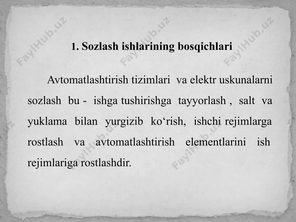 matlashtirish vositalarini sozlash ishlari, 22% - elektr uskunalarni sozlash, 20% atrofida ishlar esa dispetcherlash vositalarining (naladkasi) sozlash ishlari tashkil qiladi. yangi qurilmaga obyektda sozlash ishlari quyidagi tartibda bajariladi: sxemalar bilan tanishish; o‘rnatish sifatini ko‘rish nosozliklarni topib yo‘qotish; qurilmalarni sozlash; texnologik jarayonni butkul sozlash va ishga tushirib ishlatib ko‘rish; ishga tushirish - ishlatib ko‘rish, sozlash ishlari bo‘yicha hisobot tuzish. ekspluatatsiyada bo‘lgan qurilmalarni sozlashda quyidagilar bajariladi: ekspluatatsiya jurnallari va sinov natijalariga ko‘ra qurilmalar rejimlari haqida ma’lumotlar olinadi; normal rejimdan chetlanishlar sabablari o‘rganilib ular yo‘qotiladi; nosozliklar yo‘qotilgach, yana sinovlar o‘tkaziladi, qurilmalarning ish ko‘rsatkichlari texnologik talab darajasiga keltiriladi akt bilan yana ishlab chiqarishga topshiriladi. avtomatlashtirish tizimlari, nazorat o‘lchov asboblari, ximoya va signalizatsiya vositalarining texnik holatini baholovchi ishga tushirish sozlash paytidagi ularning rejim ko‘rsatkichlarini aniqlovchi asosiy hujjat texnik hisobotdir. hisobot ishlar tugallangan holda 10 kun ichida tayyorlanadi. texnik hisobot quyidagi ko‘rinishda bo‘ladi: titul varaqasi. annotatsiya. qurilmalarni nazorat o‘lchov asboblari va avtomatlashtirish vositalarining sinov o‘lchov bayonnomalari. …
