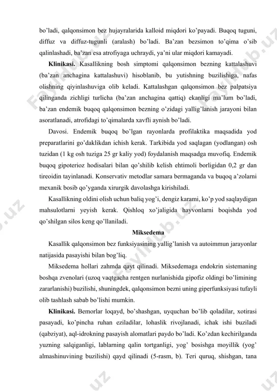 gaygan. nafas siyraklanishi qayd qilinadi. asosiy modda almashinuvi normadan pasayadi. qalqonsimon bez tekshirilganda unda yod miqdorining kamayganligi qayd qilinadi (qalqonsimon bezning bir sutka mobaynida radioaktiv yodni singdirishi normada 30% bo’lgani holda bu kasallikda taxminan 10 % bo’ladi). kasallik uzoq vaqtga cho’ziladi (15 yil va bundan ko’pga). davo o’z vaqtida boshlanmaganda, kassallik uzoq kechganda kretinizm rivojlanishi mumkin. davosi. tireoidin preparatlari (0,1 dan kuniga 3 marta) 1— 1,5 oy mobaynida yuboriladi. buyrak usti bezlari po’stloq qatlamida yetishmovchilik bo’lganda gormonlar bilan davolash, piridoksin va siankobalamin vitaminlarini buyurish foydali. agar miksedema rivojlanishi xronik infeksiya bilan bog’liq bo’lsa, spetsifik terapiya (silga qarshi, zahmga qarshi) maqsadga muvofiq. parvarishi. depressiv holatlar yuz berish ehtimoli borligidan bemorlarni statsionarda davolash davrida qunt bilan kuzatib borish zarur. og’ir hollarda psixik aql pastlik (kråtinizm) rivojlanganda parvarishlash bemorga to’la-to’kis xizmat qilishdan iborat. bemor sun’iy ovqatlantirib turiladi, ichi kelgandan keyin tagi yuvib qo’yiladi, vannada cho’miltiriladi, soch va tirnoqlariga e’tibor beriladi. qandli diabet qandli …