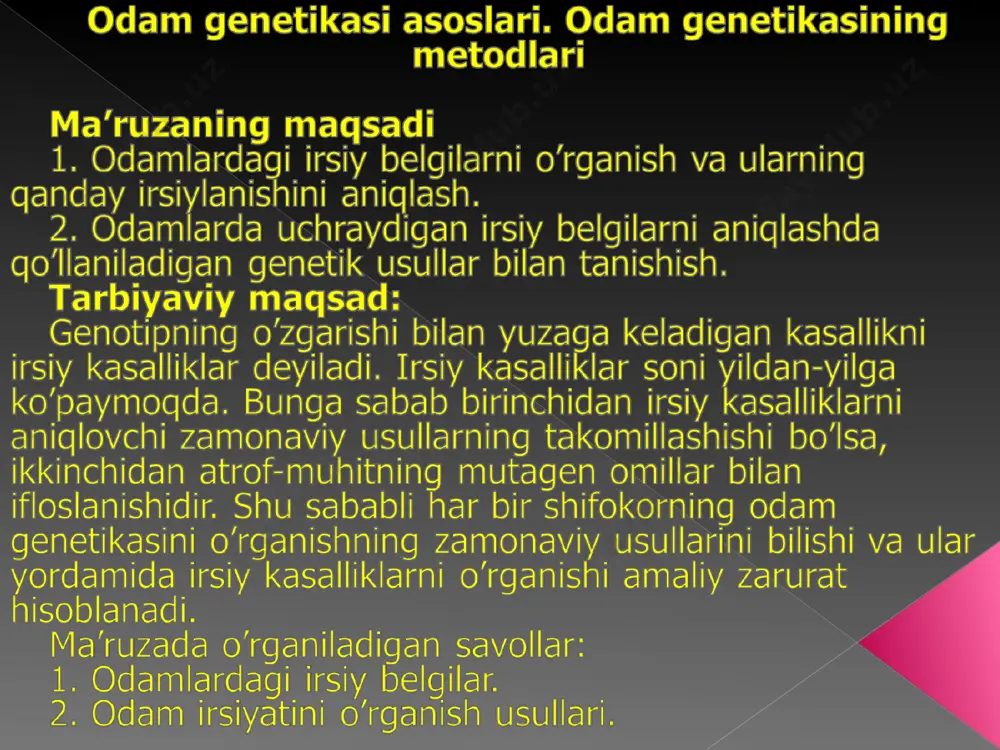 izatsiya qilindi. germaniyada natsistlar rahbarligi birinchi yilidayoq 80000 odam sterilizatsiya qilindi. xromosomalar sonini nisbatan ko’pligi(2p=46). balog’at yoshiga kech yetilishi. kam avlod qoldirishi. har nikohdan tug’ilgan avlodlarning o’sishida bir xil sharoit yaratilmagani. sun’iy ravishda mutatsiyalar olib bo’lmasligi. odamlarda tajriba(eksperimentlar)lar o’tkazib bo’lmasligi yaʼni genetik tadqiqotlar uchun kuzatuvchi nikohni o’zi belgilamaydi. geneologik usul (аvlodlar shajarasini tuzish) sitogenetik usul egizaklar usuli dermatoglifika usuli populyatsion-hisoblash (populyatsion-statistika) usuli biokimyoviy usul ontogenetik usul geneologik tahlilni bosqichlari: maʼlumotlarni to’plash(anamnez); shajarani tuzib chiqish; shajarani tahlil qilish va yakuniy xulosa chiqarish xix asr oxirlarida galton tomonidan kiritilgan. maxsus shartli belgilardan foydalanilgan holda insonlar shajarasi tuzilib, uni irsiyati o’rganiladi. metod yordamida quyidagilar aniqlanadi: o’rganilayotgan belgi irsiy yoki irsiy emasligi; irsiy belgining nasldan naslga o’tish xarakterini: a) belgi dominantmi,retsessivmi? b) аutosoma orqali irsiylanayaptimi yoki jinsiy xromosoma orqalimi? shundan so’ng irsiylanish tipi belgilanadi: - аutosoma – dominant usuldagi irsiylanish; - аutosoma – retsessiv usuldagi irsiylanish; - jins bilan bog’liq holda irsiylanish. genning penentrantligi; …