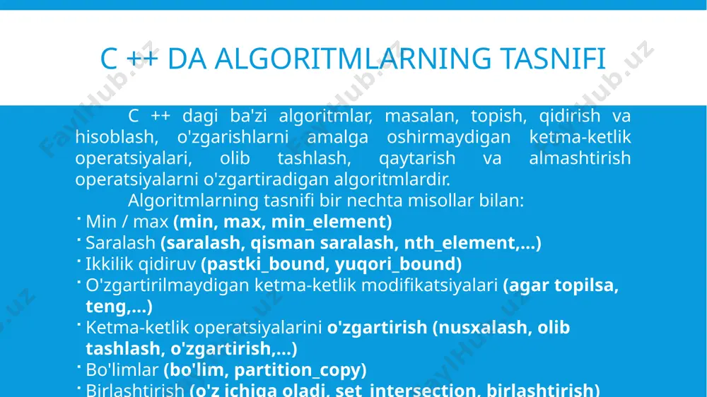 agi masofa == oraliqdagi elementlar soni. // qatorning barcha elementlarini ketma-ket ro'yxatlash. while (begin != end) cout.put(*begin++); // > world konteyner tarkibini o’zgartirish konteynerning ichki tuzilishiga qarab, har qanday ko'rsatgichga tegishli operatsiyalar uning iteratorlarida samarali bajarilishi mumkin emas. masalan, bog'langan ro'yxatga kirishda raqamli indeks orqali kirish ko'p sonli operatsiyalarni talab qilishi mumkin. qaytaruvchilar samarasiz ishlarni qo'llab-quvvatlamasligi mumkin. iteratorlarning xarakterli turlarini ajratib ko'rsatish uchun c ++ standarti "iterator toifalari" ni belgilaydi. u yoki boshqa toifaga tegishli iterator uni qo'llab-quvvatlaydigan operatsiyalar to'plami bilan belgilanadi. qoidaga ko'ra konteyner tarkibini o'zgartirish uchun iteratordan foydalanish mumkin emas (maxsus adapter iteratorlaridan tashqari). iterator toifalari kirish iteratorini (input iterator) qiymatlar ketma-ketligini faqat bitta o'qish (kiritish) uchun mo'ljallangan. kirish iteratori tomonidan qo'llab-quvvatlanadigan asosiy struktura quyidagicha ko'rinishda bo’ladi: value value = *it++; // keyingi qiymatni o'qish, it – iterator. iteratorni joriy pozitsiyadan foydalangan holda oldinga (inkrement) va so’ngi (operatsiyalar * va ->) holatiga o'tkazish mumkin. tenglik va tengsizlik uchun …