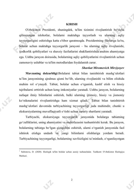 di.[footnoteref:1] tabiat bilan tanishtirish mashg‘ulotlari davomida tarbiyachining tayyorgarligi juda muhimdir, chunki u ekskursiyalarning muvaffaqiyatli o‘tishi uchun zaruriy shartlarni yaratadi. [1: sultonova, d. (2020). ekologik ta'lim bolalar uchun asosiy tushunchalar. tashkent: o‘zbekiston ekologiya markazi. ] tarbiyachi, ekskursiyaga tayyorgarlik jarayonida bolalarga tabiatning go‘zalliklarini, uning ahamiyatini va muhofazasini tushuntirishi kerak. bu jarayon, bolalarning tabiatga bo‘lgan qiziqishini oshirish, ularni o‘rganish jarayonida faol ishtirok etishga undash va yangi bilimlarni olishlariga yordam beradi. tarbiyachining tayyorgarligi, bolalarning xavfsizligini ta’minlash, o‘rganilayotgan mavzularni qiziqarli va interaktiv shaklda taqdim etish, shuningdek, bolalar bilan muloqot qilish orqali ularning hissiy holatini tushunishga imkon beradi. ekskursiyaga tayyorgarlik jarayoni, bolalar bilan birgalikda ekskursiyaning maqsadlarini aniqlashdan boshlanadi. tarbiyachi, bolalar uchun qiziqarli va foydali bo‘lgan mavzularni tanlashda ularning qiziqishlarini hisobga olishi zarur. shuningdek, tayyorgarlik jarayonida bolalarga tabiatning asosiy elementlarini, o‘simliklar va hayvonlar haqida ma’lumot berish, ularni amaliy faoliyatlar orqali o‘rganish imkoniyatlarini yaratish muhimdir. tarbiyachi, bolalar bilan birga bo‘lib, ularning o‘zlariga ishonchlarini oshirish, fikrlarini ifoda etishga yordam …