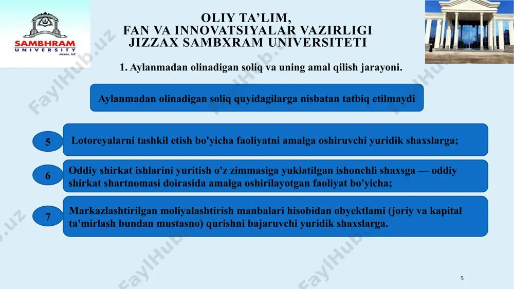 lab chiqariladi. yagona soliq to'lovini to'lashdan nogironlarning jamoat birlashmalari, ”nuroniy” jamg'armasi va ”o'zbekiston chernobilchilari” assotsiatsiyasi mulkida bo'lgan, ishlovchilari umumiy sonining kamida 50 foizini nogironlar, 1941—1945-yillardagi urush va mehnat fronti faxriylari tashkil etadigan yuridik shaxslar ozod qilinadi. ushbu imtiyozni olish huquqi belgilanayotganda xodimlaming umumiy soniga shtatda bo'lgan xodimlar kiritilar edi. bunda kalendar yil soliq davr, yil choragi hisobot davri hisoblanadi. aylanmadan olinadigan soliq soliq solinadigan bazadan va belgilangan stavkalardan kelib chiqqan holda hisoblab chiqariladi. 12 oliy ta’lim, fan va innovatsiyalar vazirligi jizzax sambxram universiteti 4. iqtisodiyotni modernizatsiyalash sharoitida aylanmadan olinadigan soliq bo'yicha taqdim etilgan imtiyozlar va preferensiyalar. aylanmadan olinadigan soliqning hisob-kitobi soliq bo'yicha hisobga olish joyidagi davlat soliq xizmati organlariga ortib boruvchi yakun bilan yilning har choragida, hisobot davridan keyingi oyning 15-kunidan kechiktirmay, yil yakunlari bo'yicha esa yillik moliyaviy hisobot topshiriladigan muddatda taqdim etiladi. hisobot (soliq) davri yakunlari bo'yicha soliq summasi soliq to'lovchi tomonidan mustaqil aniqlanadi. soliq hisoboti soliq to'lovchi tomonidan …