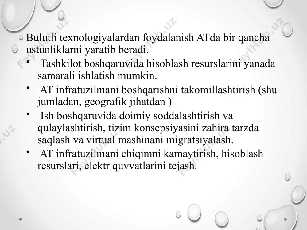 ion tizim bilan mos kelishi. hujjat formatlari bilan mos kelishi. iste’molchilarning bir guruh bo’lib ishlashidagi qulayliklari. bulutli hisoblashlarda fayllardan erkin foydalanish imkoniyati mavjudligi. tabiiy resurslardan foydalanishni kamaytirish. ma’lumotlarni yoqolishiga bardoshligi. kamchiliklari: doimiy internet tarmog’i bilan aloqada bo’lishi lozim. ishlash tezligi sekinligi. ko’pgina bulutli servislar to’la qonligicha ishlashlari uchun normal internet - ulanishni talab qiladi. dasturlarni sekin ishlashi va to’iq funksional imkoniyatlarga ega bo’lmagan xolda. bir necha dasturlar bulutli tizimlarda sekin ishlashlari mumkin lokal kompyuter tizimiga qaraganda. ma’lumotlar xavfsizligiga xavf borligi. iste’molchilar tomonidan bulut texnologiyalariga qo’yilgan har bir ma’lumot xavfsizligi xavf ostida bo’lishi mumkin. lekin bunda birinchi masala provayderga is’temolchining ishonish muxim o’rinda turadi. agar bulutli texnologiyalar provayderi ma’lumotlar almashishini ishonchli shifrlasa, zahira nusxalasa va bulutli texnologiyalar soxasi bozorida o’ziga yarasha tajribaga ega bo’lsa bu holda xavfsizlik borasida muomolar tug’ilmaydi. fakt sifatida shuni aytish mumkinki bulutda yo’qolgan ma’lumotlarni qaytarish mumkin emas. taqdimlash modellari so’nggi yillarda, bu mavzu it-sohasida eng mashhur biriga …