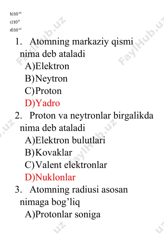 formulasi. c) impuls momentini qo’shish formulasi. 11. noaniqlik munosabatlarini qachon va kim aniqlagan? a) 1927-yilda de-broyl. b) 1925-yilda geyzerberg. c) 1927-yilda geyzerberg. 12. quyidagi qonun kimga tegishli. “absolyut qora jism to’la nur chiqarish qobiliyati uning absolyut temperaturasining to’rtinchi darajasiga proporsional” ? a) kirxgof qonuni. b) reley-jins qonuni. c) stefan-bolsman qonuni. 13. radius vektorining impulsga vektor ko’paytmasi nima deyiladi? a) impuls momenti. b) operator. c) nablo operatori. 14. balmer seriyasidagi spektral chiziqlar spektrning qaysi sohasida joylashgan? a) spektrning uzun to’lqinli sohasida. b) spektrning ultrabinafsha sohasida. c) spektrning ko’zga ko’rinadigan sohasida. 15. pashen, breket, pfunda seriyalari spektrning qaysi sohasida yotadi? a) spektrning infraqizil sohasida. b) spektrning yuqori chastotali sohasida. c) spektrnsing ultrabinafsha sohasida. d) atomning asosiy qismlaridan biri nima? a. a) elektron b. b) proton c. c) neytron d. d) barcha javoblar to'g'ri (✅) e) atom raqami nima? a. a) protonlar soni (✅) b. b) neytronlar soni c. c) elektronlar soni d. …