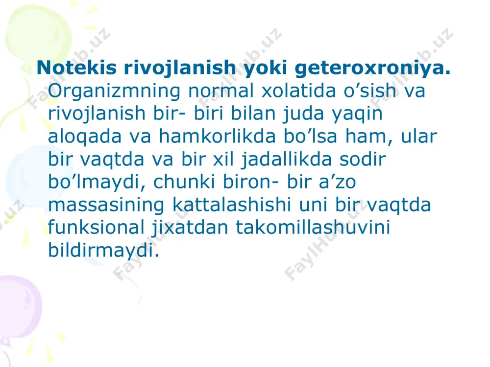 k faoliyati sezilarli darajada yaxshilanadi, miyasining og’irligi kattalashadi va 7 yashar bolada 1250 grammni tashkil qiladi, shartli reflektorli aloqalar ko’p sonli bo’ladi, shartli tormozlanish rivojlanadi. kichik maktab yoshi davri. bu davr 7 yoshdan to 12 yoshgacha davom etadi. ushbu davrda o’sish va skelet suyaklarini qotishi davom etadi, oyoqlarning o’sishi hisobiga tana proporsiyalari o’zgaradi, mushaklar jadal rivojlanadi, katta yarim sharlar po’stlog’ining integratsiyalovchi roli ortadi, tormozlanish jarayonlari kuchayadi. o’rta maktab yosh davri. bu davr 12 yoshdan to 15 yoshgacha davom etadi. bu davr jadal o’sish va tana vaznini ortishi bilan tavsiflanadi. tana proporsiyalari sekin- asta voyaga yetgan inson ko’rsatkichlariga yaqinlashadi. jinsiy voyaga yetish (o’g’il bolada 13-14, qiz bolada 11-12 yosh) va jinsiy bezlar gormonlarining ta’sirini ortishi ostida qalqonsimon bezning funksiyalari kuchayadi, timus qayta rivojlanishiga (involyutsiyaga) uchraydi. yuqori maktab yoki o’spirinlik yosh davri. bu davr qiz bolada 13yoshdan to 18 yoshgacha, o’g’il bolada 15-16 yoshdan to 19-20 yoshgacha davom etadi. ushbu davr jinsiy …