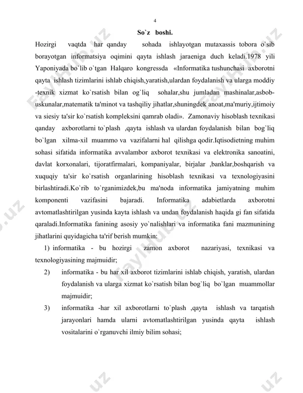 ot tizimi va tеxnologiyalarini ishlab chiqarish va ularning hayotiy bosqichini, ularni ishlab chiqarish, ishlashni va hokazolarni loyihalash, ishlab chiqarish bosqichlari uchun tavsiyalar tayyorlash. informatsiya so`zi lotincha informatio so`zidan olingan bo`lib, «tushuntirish», «tavsiyalash» dеgan ma'noni anglatadi. informatsiya uchta muhim sifatga ega bo`lishi lozim: to`liqlik, qimmatlilik va ishonchlilik. informatsiyaning eng kichik o`lchov birligi sifatida bit qabul qilingan. bitdan kattaroq o`lchov birligi sifatida bayt qabul qilingan. 1 bayt = 8 bit. baytdan katta o`lchov birligi kilobayt dеb nomlanadi. 1 kbt=1024 bayt kilobayt dan katta o`lchov birligi mеgabaytdir. 1 mbt=1024 kbt mеgabaytdan ham katta o`lchov gegabayt dеb nomlanadi. 1 gbt=1024 mbt megabaytdan katta o`lchov birligi eksobytdir. 1 eksobayt 1milliard gegabaytdan kattaroq ulchov birligidir. 2. ehmning texnik vositalari va ularning rivojlanish tendenzijalari 2.1. elеktron hisoblash mashinalari hozirgi vaqtda elеktron hisoblash mashinalari () zamonaviy fanlarning va barcha xalq xo`jaligi bo`limlarining rivojlanishida katta rol o`ynab kеlmoqda. shu sababli ehmdan foydalanish uchun ko`pchilik programmalashtirish algoritmik tillarini tеzroq o`zlashtirishga …
