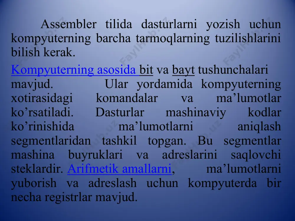 qish uchun o’zining modellari mavjud. assembler tilida dasturlash uchun kompyuterning ishlash tamoyilini va uning arxitekturasini bilish talab etiladi. registrlar registrlar – bu maxsus xotira yacheykasi bo’lib, bevosita protsessorda joylashadi. registrlar bilan ishlash operativ xotiraga nisbatan sezilarli darajada tez bo’ladi, shuning uchun registrlar assemblerda hamda yuqori darajadagi dasturlash tillari kompilyatorlarida keng foydalaniladi. registrlarni quyidagi guruhlarga ajratish mumkin: umumiy foydalanish registrlari, buyruqlarni ko’rsatuvchi, bayroq registrlari va segment registrlari. kompyuterlar ma'lum bir asosiy ko'rsatmalar to'plami bilan ta'minlanadi, ular kompyuter bajarishi mumkin bo'lgan asosiy operatsiyalarga mos keladi. masalan, "load" iborasi protsessorning ketma-ket bitlarini protsessor xotirasidagi joydan registr deb ataladigan maxsus omborga ko'chirilishiga olib keladi. dasturchi ushbu assembler ko'rsatmalaridan foydalangan holda dastur yozishi mumkin. deb nomlanuvchi assambleyerlarning ushbu ketma-ketligi manba kodi yoki manba dastur, keyinchalik dasturni boshlaganimizda assembler dasturida ko'rsatiladi. assembler dasturi har bir dastur yo'riqnomasini manba dasturida oladi va tegishli bitli oqim yoki naqsh hosil qiladi (nollar qatori va ma'lum uzunlikdagi birliklar). assambleyer dasturining …