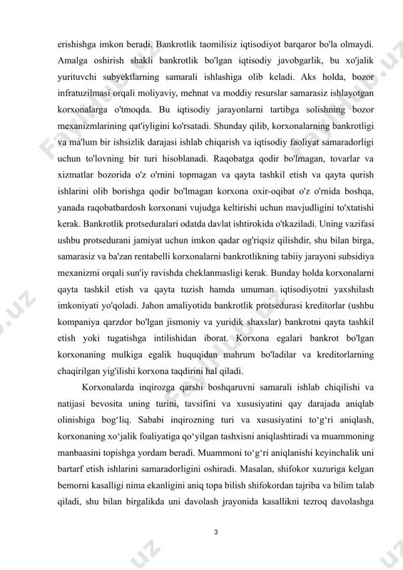 t barqaror bo'la olmaydi. amalga oshirish shakli bankrotlik bo'lgan iqtisodiy javobgarlik, bu xo'jalik yurituvchi subyektlarning samarali ishlashiga olib keladi. aks holda, bozor infratuzilmasi orqali moliyaviy, mehnat va moddiy resurslar samarasiz ishlayotgan korxonalarga o'tmoqda. bu iqtisodiy jarayonlarni tartibga solishning bozor mexanizmlarining qat'iyligini ko'rsatadi. shunday qilib, korxonalarning bankrotligi va ma'lum bir ishsizlik darajasi ishlab chiqarish va iqtisodiy faoliyat samaradorligi uchun to'lovning bir turi hisoblanadi. raqobatga qodir bo'lmagan, tovarlar va xizmatlar bozorida o'z o'rnini topmagan va qayta tashkil etish va qayta qurish ishlarini olib borishga qodir bo'lmagan korxona oxir-oqibat o'z o'rnida boshqa, yanada raqobatbardosh korxonani vujudga keltirishi uchun mavjudligini to'xtatishi kerak. bankrotlik protseduralari odatda davlat ishtirokida o'tkaziladi. uning vazifasi ushbu protsedurani jamiyat uchun imkon qadar og'riqsiz qilishdir, shu bilan birga, samarasiz va ba'zan rentabelli korxonalarni bankrotlikning tabiiy jarayoni subsidiya mexanizmi orqali sun'iy ravishda cheklanmasligi kerak. bunday holda korxonalarni qayta tashkil etish va qayta tuzish hamda umuman iqtisodiyotni yaxshilash imkoniyati yo'qoladi. jahon amaliyotida bankrotlik …