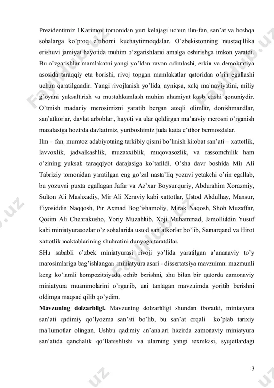 arqand va hirot xattotlik maktablarining shuhratini dunyoga taratdilar. shu sababli o’zbek miniatyurasi rivoji yo’lida yaratilgan a’ananaviy to’y marosimlariga bag’ishlangan miniatyura asari - dissertatsiya mavzuimni mazmunli keng ko’lamli kompozitsiyada ochib berishni, shu bilan bir qatorda zamonaviy miniatyura muammolarini o’rganib, uni tanlagan mavzuimda yoritib berishni oldimga maqsad qilib qo’ydim. mavzuning dolzarbligi. mavzuning dolzarbligi shundan iboratki, miniatyura san’ati qadimiy qo’lyozma san’ati bo’lib, bu san’at orqali ko’plab tarixiy ma’lumotlar olingan. ushbu qadimiy an’analari hozirda zamonaviy miniatyura san’atida qanchalik qo’llanishlishi va ularning yangi texnikasi, syujetlardagi mumtozlik qiyofalarini o’rganish bugungi kun tadqiqotlarida kamdan-kam uchraydi zamonaviy jarayonda miniatyuraning yangi ko’rinishdagi shakllari har qanchalik ko’rinmasin milliy va o’zbekona uslublar albatta o’z o’rnida qolaveradi. miniatyura san’atining nafis naqshlari va nozik bezaklarini vujudga keltiradigan ma’naviy (ruhiy) ranglar ijodkorning beғubor, insoniy his-tuyg’ularini, inson tabiatidagi botiniy poklik, ichki emotsional holatini o’zida aks ettiradi. o’zbek xalqining badiiy merosi, uning jahon san’ati tarixidagi o’rni, taraqqiyot bosqichlari va zamonaviy yo’nalishlarini chuqur o’rganish hamda rivojlanishi istiqbollarini …