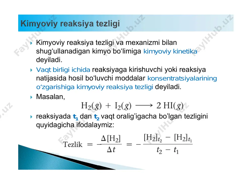 ay bog’liqligini ko’rsatadi reaksiya tartibi deyiladi.  agar n=0 bo’lsa, reaksiya nolinchi tartibli bo’ladi va a modda konsentratsiyasiga bog’liqmas.  agar n=1 bo’lsa, reaksiya birinchi tartibli bo’ladi va a modda konsentratsiyasiga to’gri proportsional.  agar n=2 bo’lsa, reaksiya ikkinchi tartibli bo’ladi va a modda konsentratsiyasi kvadratiga to’gri proportsional.  .   nolinchi tartibli reaksiyada reaksiya tezligi konsentratsiyaga bog’liq emas.  bunda d.m. konsentratsiyasi chiziqli kamayadi, lekin tezlik o’zgarmaydi.  bunday reaksularga reaksiyaga kirishidigan modda miqdoriga majud modda niqdori ta’sir qilmaydigan reaksiyalar kiradi. masalan, sublimatsiya reakiyasi.   birinchi tartibli reaksiyalarda reaksiya tezligi d.m. konsentratsiyasiga proportsional bo’ladi.   birinchi tartibli reaksiyada tezlik d.m. masasi kamayishi bilan pasayadi.  ikkinchi tartibli reakiyada reaksiya tezligi d.m. konsentratsiyasi kvadratiga proporsional bo’ladi.  bunday reaksiyalarda reaksiya tezligiga konsentratsiyaga o’zgarishi tez ta’sir qiladi.  reaksiya tartibini faqat tajriba yordaida aniqlash mumkin!  eng keng tarqalgan usul bu reaksiya boshlanishidagi qisqa vaqtda boshlang’ich tezliklarni aniqlash …