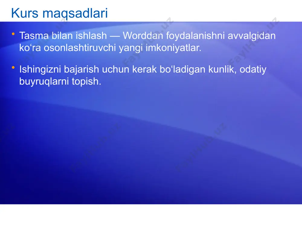 paneliga qanday qilib boshqa yoqtirgan buyruqlaringizni qo‘shib qo‘yish mumkinligini ko‘rsatadi. shuningdek, tezkor foydalanish panelidan tugmalarni olib tashlashingiz ham mumkin. u siz har kuni qayta va qayta foydalanadigan narsalarni o‘z ichiga oladi: saqlamoq, qaytarmoq va takrorlamoq. uy tezkor foydalanish paneliga qo‘shmoq tezkor foydalanish panelini moslashtirmoq... tasma ostida tezkor foydalanish panelini ko‘rsatish tasmani o‘ramoq 14 amaliyot uchun maslahatlar tamadan foydalaning. qo‘shimcha ilovalarni paydo qiling, keyin esa rasm kiriting va rasm vositalari bilan ishlang. kichkina vositalar paneli bilan ishlang. tezkor foydalanish panelidan foydalaning. guruhlar va buyruqlarni yashiring. 15 test 1, savol 1 agar siz word 2007da tugmasini bossangiz nima sodir bo‘ladi? (bitta javob tanlang.) siz vaqtincha tasmani yashirasiz va hujjatingiz uchun ko‘proq joyga ega bo‘lasiz. matningizga kattaroq shrift o‘lchamini qo‘llaysiz. qo‘shimcha parametrlarni ko‘rasiz. tezkor foydalanish paneliga buyruq qo‘shasiz. 16 test 1, savol 1: javob qo‘shimcha parametrlarni ko‘rasiz. ko‘pincha dialog oynasi paydo bo‘ladi va u wordning avvalgi versiyalaridagi kabi tanish ko‘rinishi mumkin. 17 test …