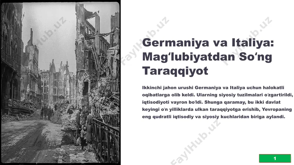 rivojlantirdi. marshall rejasi infratuzilma tiklanishi. sanoatlashuv yirik korporatsiyalarning rivojlanishi. yevropa ittifoqi umumiy bozor imtiyozlaridan foydalanish. 5 6 ijtimoiy oʻzgarishlar: germaniya germaniyada urushdan keyingi ijtimoiy oʻzgarishlar juda katta boʻldi. milliy sotsializm mafkurasi yoʻq qilinib, demokratik qadriyatlar targʻib qilindi. 1 qayta tiklash aholining katta qismi vayron boʻlgan shaharlarni tiklashda qatnashdi. 2 birlashish 1989-yilda berlin devori qulab, germaniya 1990-yilda yagona davlat sifatida qayta birlashdi. 6 7 ijtimoiy oʻzgarishlar: italiya italiya urushdan keyin demokratik jamiyat qurishga harakat qildi. ta’lim va sogʻliqni saqlash tizimlari modernizatsiya qilindi. madaniyat va sanʼat sohalarida katta yutuqlarga erishildi. ta’lim tizimi modernizatsiya qilindi. sogʻliqni saqlash tizimi modernizatsiya qilindi. madaniyat va sanʼat sohalarida yutuqlar. 7 8 germaniya: hozirgi taraqqiyot bugungi kunda germaniya yevropa ittifoqining iqtisodiy va siyosiy yetakchilaridan biri hisoblanadi. u kuchli sanoat va texnologik rivojlanishga ega. shuningdek, xalqaro miqyosda muhim diplomatik rol oʻynaydi. iqtisodiy yetakchi 1 sanoat 2 diplomatiya 3 8 9 italiya: hozirgi taraqqiyot italiya iqtisodiy jihatdan yevropaning eng muhim …