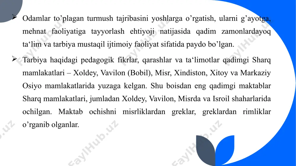 a keng tarqalgan konfutsiylik ta‘limotining ahamiyati katta bo’ldi.konfutsiy ta‘limotiga muvofiq, odamlar o’z tabiatlariga ko’ra hammasi bir, faqat tarbiya tufayli ular bir-birlaridan farq qiladilar.chunonchi, konfutsiyning e‘tirof etishicha, «odamlar o’z tabiatiga ko’ra bir-birlariga yaqindirlar.lekin o’zlarining xulq-atvorlari, odatlariga ko’ra bir-birlaridan yiroqdirlar».konfutsiy – xitoyning taniqli mutafakkiri.u eramizdan avvalgi 551 yilda kambag’al oilada tug’ildi.konfutsiy umri davomida, asosan, o’qituvchilik bilan shug’ullanadi. xitoyda keng tarqalgan konfutsiylik ta‘limotining ahamiyati katta bo’ldi.konfutsiy ta‘limotiga muvofiq, odamlar o’z tabiatlariga ko’ra hammasi bir, faqat tarbiya tufayli ular bir-birlaridan farq qiladilar. chunonchi, konfutsiyning e‘tirof etishicha, «odamlar o’z tabiatiga ko’ra bir-birlariga yaqindirlar.lekin o’zlarining xulq-atvorlari, odatlariga ko’ra bir-birlaridan yiroqdirlar».konfutsiy – xitoyning taniqli mutafakkiri.u eramizdan avvalgi 551 yilda kambag’al oilada tug’ildi.konfutsiy umri davomida, asosan, o’qituvchilik bilan shug’ullanadi. xulosa xulosa qilib aytadigan bo'lsak, jahon pedagogika fanining rivojlanish tarixi turli madaniyatlar, mafkura va uslublar iplari bilan to'qilgan boy gobelendir. ta'limga asos solgan qadimiy tsivilizatsiyalardan tortib ta'lim nazariyasi va amaliyotidagi zamonaviy yutuqlargacha bo'lgan ushbu sayohat insoniyatning o'qitish va o'rganish …