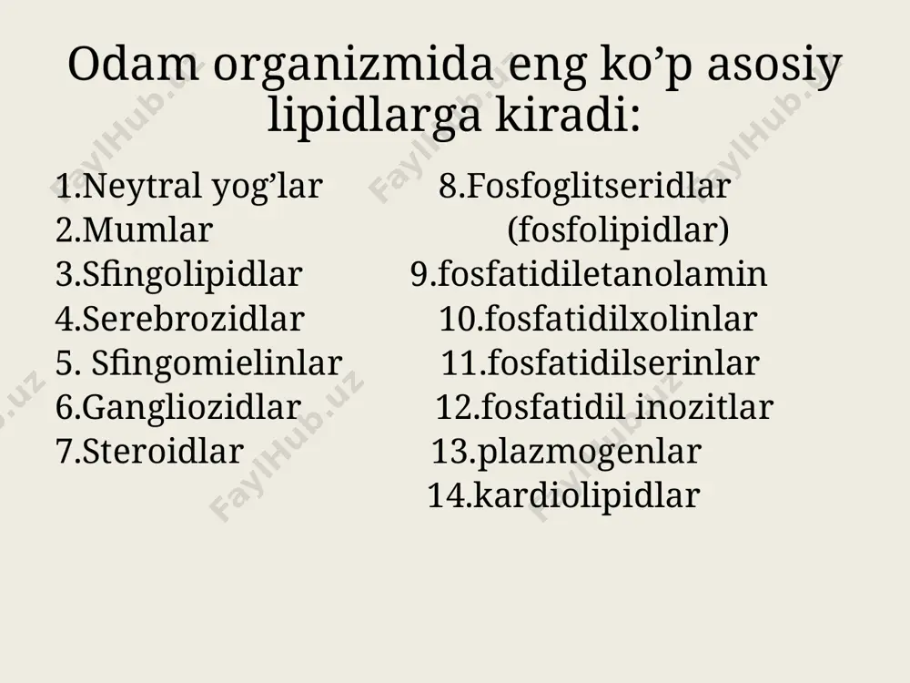 a oksidlanish yotadi. oksidlanish jarayoni tarkibida to’yinmagan kislotalar kirgan yog’lar (moylar)da sodir bo’ladi. oksidlanish erkin- radikal mexanizmi bo’yicha borib , peroksidlar, aldegidlar, ketonlar, karbon kislotalar va aldegidokislotalarning qo’lansa hidli aralashmasu hosil bo’ladi. fosfatidlar yog’lardagi bitta kislota qoldig’i o’rnini fosfat kislotaning aminospirtli efiri egallagan birikmalarga fosfatidlar deyiladi. kefalinlar eng muhim fosfolipidlardan bo’lib, etanolamin va diglitserid fosfat kislotaning murakkab efiridir: lesitin : lesitin xolin diglitserid fosfat kislotaning murakkab efiri bo’lib, u gidrolizlanganda glitserin, fosfat kislota, stearin va olein kislotalar hamda xolin hosil bo’ladi: yog’ va moylaning ishlatilishi: yo‘g’ va moylar asosan oziq-ovqat maqsdadida keng ishlatiladi. shuningdek, moylar alif moylar olishda keng qo’llaniladi. moylar o’z molekulasida saqlangan qo’shbog’lar hisobiga yaxshi quriydigan va yomon quriydigan moylarga bo’linadi. moy tarkibida yog’ kislotalar qanchalik to’yinmagan bo’lsa, ular shunchalik yaxshi qurish xususiyatiga ega bo’ladi. chunki moy molekulalari ikkita va uchta qo’shbog’ hisobiga ular diyen uglevodorodlarga o’xshash polimerlanish xossasiga egadir. zig’ir moyi yuqori temperaturada (280-300*c) katalizator (qo’rg’oshin yoki …