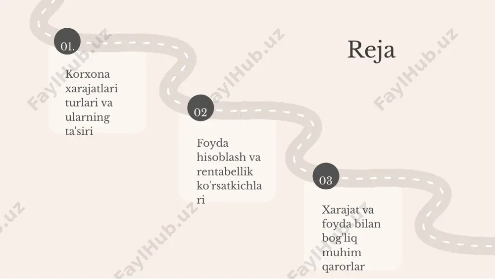 kichlari: aktivlar, kapital va sotish rentabelligi turlari va ularning hisoblash formulalari. aktivlar rentabelligi (roa): net daromad / aktivlar. kapital rentabelligi (roe): net daromad / kapital. sotish rentabelligi (ros): sotish daromadlari / sotishlar. har bir ko'rsatkichning tahlili va ta'sir qiluvchi omillar. rentabellikni oshirish uchun xarajatlarni kamaytirish, daromadni ko'paytirish, aktivlar boshqaruvi va innovatsiyalar amalga oshiriladi. xarajat va foyda: muhim qarorlar xarajat va foyda o'rtasidagi bog'liqlik xarajatlar resurslar sarfi, foyda esa ularning natijasida olinadigan daromad. ularning o'zaro bog'liqligi foyda va zarar bilan bevosita bog'liq bo'lib, qarorlarni optimallashtirishga yordam beradi. qaror qabul qilishda xarajatlarni hisobga olish xarajatlarni to'g'ri baholash muhim, chunki ularning noto'g'ri hisoblanishi zarar keltirishi mumkin. masalan, ishlab chiqarish xarajatlari va bozor foydasi qarorlar qabul qilishda muhim rol o'ynaydi. xarajatlarni boshqarish strategiyalari xarajatlarni kamaytirish uchun samarali nazorat tizimlari, resurslarni optimallashtirish va texnologik yangilanishlar, masalan, avtomatlashtirish orqali xarajatlarni qisqartirish mumkin. bu usullar ishlab chiqarishni samarali qilish va xarajatlarni pasaytirishga yordam beradi. foyda oshirish uchun …