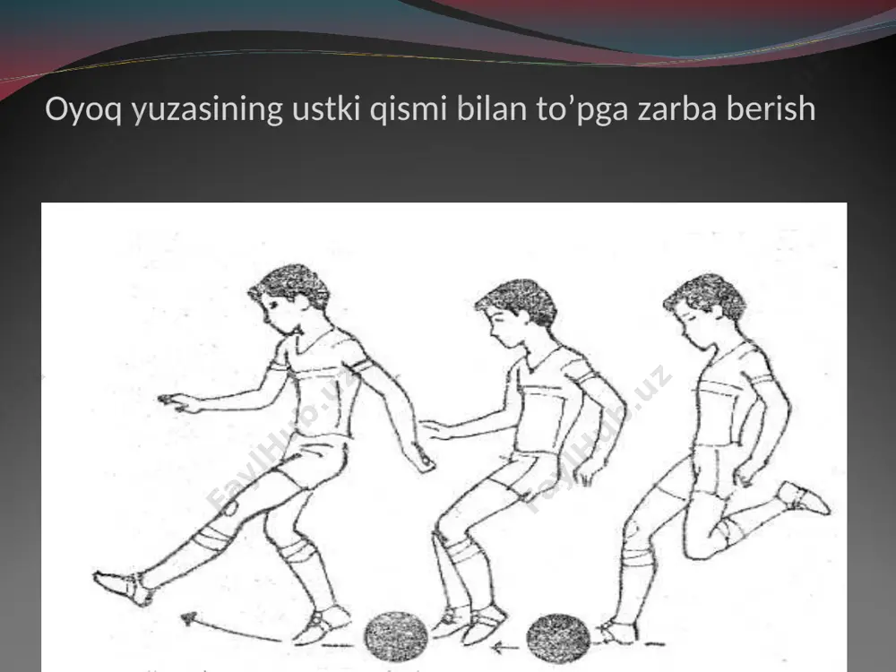 a urilgan zarbalarning ko’pchiligi yon tomondan oshirib beriladi. zamonaviy futbol o’zining yuqori darajadagi faol harakatchiligi hamda texnik-taktik harakatlarning xilma-xilligi bilan ajralib turadi. zamonaviy futbol o’yin taktikasi quyidagilar bilan ifodalanadi: - maydonning har bir qismida hujumning yez tashkil qilish bilan. himoyachilar, o’rta qator o’yinchilari, kerak bo’lgan taqdirda hujum qatori o’yinchilari bilan himoya chizig’ini mustahkamlash; - match yaxshi yakunlarida iqtidorli qyinchilarning rolini oshirish; - yuqori tempdagi o’yinni pauzalar bilan birga olib borish; - o’yinning har bir holatida markaziy himoyachilarning rolini oshirish; - qanotdan hujum uyushtirishda qanot yarim himoyachilari va himoyachilarning rolini oshirish; - standart xolatlardan unumli foydalanish. zamonaviy futbol o’yin texnikasi quyidagilar bilan ifodalanadi: - harakat holatida, yugurib ketayotib to’pni o’ziga bo’ysundira olish: - har bir vaziyatlarda to’pni imkon qadar aniq uzatib berish. jismoniy tayyorgarlikda: - maydonning har bir qarich yerida yuqori darajadagi texnika bilan harakatlanish va to’pga egalik qilish, aldamchi harakatlarni qo’llay bilish; - o’yinchilarning o’yin davomida umumiy yugurish harakatlari quyidagicha …