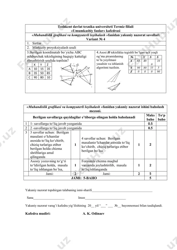 nazorat varag’i kafedra yig’ilishining 20__ yil “___” ___ №__ bayonnomasi bilan tasdiqlandi. kafedra mudiri: a. k. odinaev toshkent davlat texnika universiteti termiz filiali «umumkasbiy fanlar» kafedrasi «muhandislik grafikasi va kompyuterli loyihalash »fanidan yakuniy nazorat savollari variant № 5 1. sirtlaming tasnifi 2. umumiy va xususiy vaziyada bo’lgan tekisliklarning o’zaro kesishishi 3.berilgan koordinatalr bo`yicha abc uchburchak tekisligining haqiqiy kattaligi aylantirish usulida topilsin? x y z a 90 85 10 b 50 5 80 c 10 20 35 4.ko`pyoqlikning xusisiy vaziyatdagi tekislik bilan kesishuv yuzasi topilsin? h d α m 95 80 22 60 «muhandislik grafikasi va kompyuterli loyihalash »fanidan yakuniy nazorat ishini baholash mezoni. berilgan savollarga quyidagilar e’tiborga olingan holda baholanadi maks baho to‘p baho 1 1- savollarga to‘liq javob yozganida 0.5 2 2 -savollarga to‘liq javob yozganida 0.5 3 3 savollar uchun: berilgan masalani o‘lchamlar asosida to‘liq ko‘chirib, chiziq turlariga etibor berilgan holda chizma shriftlariga amal qilinganda 1 4 savollar …