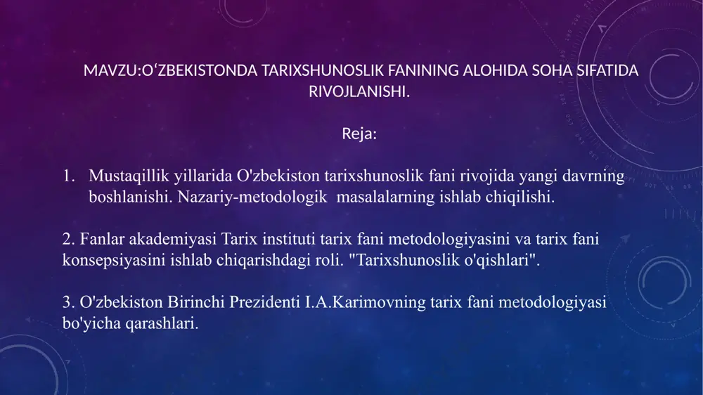 boshdan kechirishlariga to’g’ri keldi. o’zbekiston tarixi xususan tarixshunoslik fanlari,boshqa ijtimoiy-gumanitar fanlar kabi, doimo harakatda bo`lib, o`zgarib, rivojlanib, boyib boradi. bu fanning yana shunday o`ziga xos xususiyati borki, tarixiy fan bo`lgani uchun ham, avvalambor, boshqa fanlarga qaraganda u tez va ko`proq boyib boradi. bir tomondan tariximizning ochilmagan "qurik"lari olimlarimizning ilmiy- tadqiqot ishlari natijasida ochilib, to`ldirilib borilaversa, ikkinchi tomonidan, mamlakatimizda, jamiyatimiz ijtimoiy, iqtisodiy, ma‘naviy va madaniy sohalaridagi qo`lga kiritilayotgan yutuqlar tariximiz sahifalarini kun sayin boyitaveradi. dialektik metodologiya har qanday mamlakat tarixini jahon xalqlari tarixi bilan bog’liq holda o`rganishni taqozo etadi. negaki har bir xalq tarixida milliylik, o`ziga xos betakror xususiyatlari bilan birga jahon tarixi, butun insoniyat taraqqiyoti bilan umumiy bog’lanishdadir. darhaqiqat, o’zbekiston tarixi avvalo markaziy osiyo mamlakatlari tarixi bilan, qolaversa bashariyat tarixi bilan chambarchas bog’langan. tarixiylik metodologiyasining tarkibiga uzviylik va davriylik kiradi. tarixiy fan bo`lgani uchun ham o’zbekiston tarixi fanini o`rgatish va o`qitish jarayonida tarixiy uzviylik va davriylik qoidasiga rioya qilish alohida …