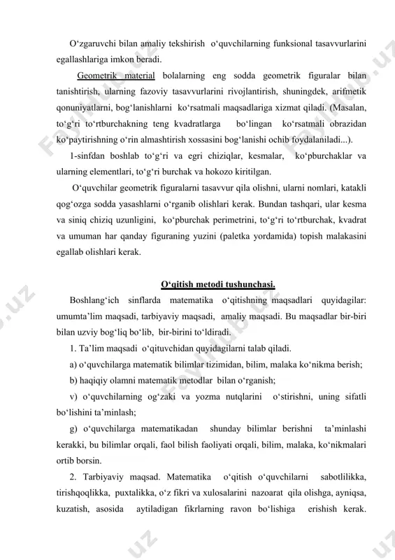 mana shu matematik til rivojlanishi kerak. o‘qituvchining vazifasi simvolik tilda ifodalangan matematik fikrni ona tiliga ko‘chirishga o‘rgatishdan iborat bo‘lmog‘i kerak. bilishga intilish, mustaqil ishdan qanoat hosil qilish tuyg‘ularini tarbiyalashi kerak. matematika fanini o‘qitishning o‘zi o‘quvchilarda diqqat va fikrni to‘play bilishni tarbiyalaydi. o‘qituvchi quyidagilarni ta’minlashi kerak: a) o‘quvchi moddiy olamdagi bog‘lanishlarni, miqdorlarning o‘zgarishini, bir-biri bilan aloqasini anglay olishi; b) o‘quvchilarning matematikani o‘rganishga astoydil qiziqishini ta’minlash; d) mehnatga, vatanga insonlarga bo‘lgan munosabatini tarbiyalash, estetik did hosil qilish; g) o‘zbek millatining tarixi, jumladan, matematika o‘qitilishi tarixiga bo‘lgan dunyoqarashni tarbiyalash; d) o‘quvchilarning fikrlash qobiliyatini va matematik madaniyatini tarbiyalash; 3. amaliy maqsad. matematika o‘qitishdan kuzatilgan amaliy maqsad – o‘quvchilar olgan bilimlarni, amalda qo‘llay olishga o‘rgatishdan iborat. olingan bilimlarni sonlar va matematik ifodalar, nuqtalar ustida bajariladigan amallarga tatbiq qila bilish, har xil masalalarni yechishda foydalana bilishga o‘rgatish. bu bilimlarni kundalik hayotda uchraydigan masalalarni hal qilishga qo‘llay bilishga o‘rgatishdir. o‘qitish metodi tushunchasi didaktika va metodikaning asosiy tushunchalaridan …