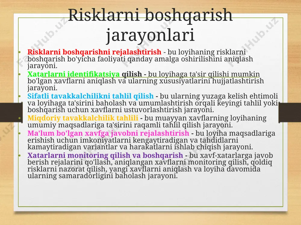jarayonlari xavflarni boshqarish darajasi, turi va ko'rinishi ham xavflarga , ham loyihaning tashkilot uchun ahamiyatiga mos kelishini ta'minlash uchun muhimdir . xatarlarni boshqarishni rejalashtirish jarayoni loyiha maqsadi paydo bo'lishi bilanoq boshlanishi kerak va loyihani rejalashtirishning dastlabki bosqichlarida yakunlanishi kerak . xatarlarni boshqarishni rejalashtirish: kirishlar loyiha doirasining tavsifi xarajatlarni boshqarish rejasi jadvalni boshqarish rejasi aloqa boshqaruv rejasi korxonaning ekologik omillari tashkilot jarayoni aktivlari xavf toifalari; tushuncha va atamalarning umumiy ta’riflari; xavf tavsifi formatlari; standart shablonlar; rol va mas'uliyat; qarorlar qabul qilish uchun vakolat darajalari; to'plangan bilim; loyiha manfaatdor tomonlarning registrlari, risklarni boshqarishni rejalashtirish: asboblar va usullar uchrashuvlarni rejalashtirish va tahlil qilish loyiha guruhlari risklarni boshqarish rejasini ishlab chiqish uchun rejalashtirish uchrashuvlarini o'tkazadilar . uchrashuvlarda loyiha menejeri, loyiha jamoasining alohida a'zolari va loyiha manfaatdor tomonlari ishtirok etishlari mumkin. ushbu yig'ilishlarda yuqori darajadagi risklarni boshqarish bo'yicha harakatlar rejalari ishlab chiqiladi. xarajatlar elementlari va rejalashtirilgan risklarni boshqarish bo'yicha tadbirlar ham ishlab chiqiladi va mos …
