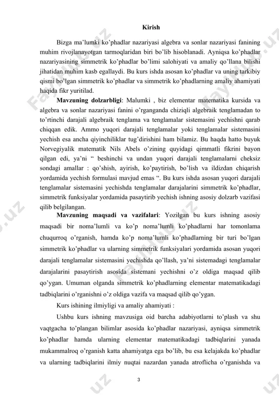 ks holda yuqoridagi tenglama n - darajali tenglama bo’lmay qoladi. ravshanki,agar tenglama berilgan bo’lsa , u holda doimo uni yechish talab etiladi.boshqacha aytganda x noma’lumning shunday son qiymatlarini topish talab etiladiki , ular bu tenglikni ayniyatga aylantirsin , ya’ni ularni noma’lumlar o’rniga qo’yganda uni ayniyatga aylantirsin. biroq yuqoridagi tenglamani yechish masalasini bu tenglamaning chap tomoni turgan (1) ifodani o'rganishning umumiy masalasi bilan almashtirish mumkin. ushbu (1) ifoda x noma’lumning n -darajali ko’phadi (yoki polinomi) deyiladi. ko’phadlarni qisqacha yozish uchun f (x), g(x), h(x), s bo’lganda bs+1 = bs+2 =... = bn = 0 deb hisoblash lozim. agar n > s bo’lsa bu yig’indining darajasi n ga teng bo’ladi , biroq n = s da uning darajasi n dan kichik bo’lib qolishi ham mumkin , chunonchi bn = -an bo’lganda shunday bo’ladi. f (x) va g(x) ko’phadlarning ko’paytmasi deb ushbu ko’phadga aytiladi. uning koeffitsentlari quyidagicha aniqlanadi: ya’ni koeffitsent va ko’phadlarning indekslari …