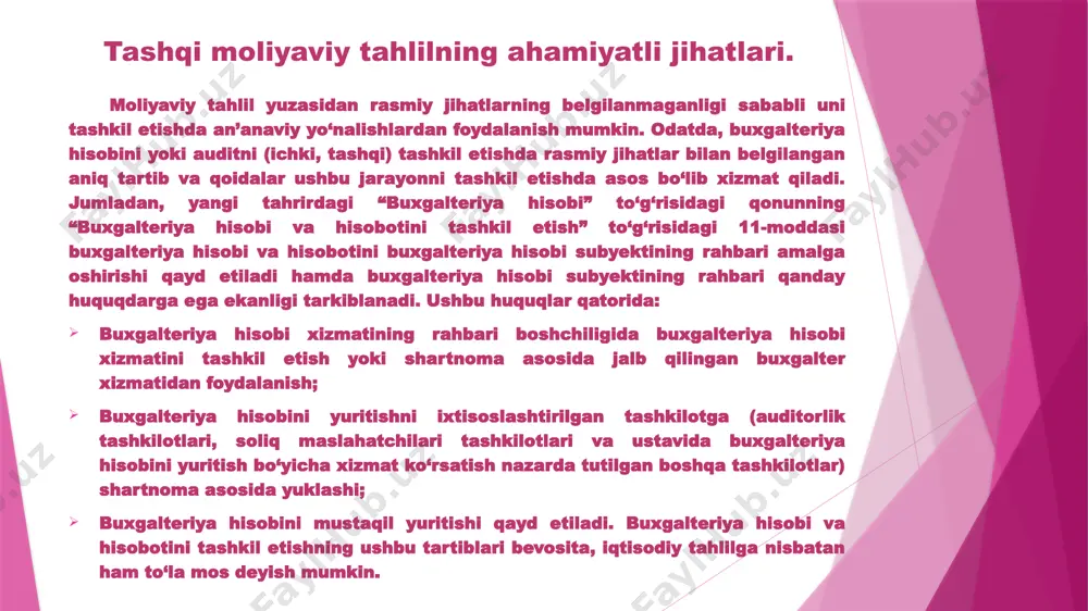 azmuni bo‘yicha to‘liq moliyaviy tahlil va tematik moliyaviy tahlil turlariga tarkiblanadi to‘liq moliyaviy tahlil korxona moliyaviy faoliyatining barcha jihatlarini kompleks o‘rganishni xarakterlaydi. tematik moliyaviy tahlil korxona moliyaviy faoliyatining alohida jihatlarini va akspektlarini o‘rganishni xarakterlaydi. tematik moliyaviy tahlil predmetiga: aktivlardan samarali foydalanish, aktivlarni moliyalashtirishda alohida manbalardan optimal foydalanish darajasi, to‘lov layoqati va moliyaviy barqarorlik holati, optimal investitsion faoliyat, kapitalning moliyaviy tuzilishi kabi masalalarni kiritish mumkin. moliyaviy tahlilda obyektni qamrab olinishi yuzasidan xo‘jalik yurituvchi subyektlarning to‘liq (bir butunlikdagi) moliyaviy tahlili, alohida bo‘limlar va birliklarning moliyaviy holatini tahlili (iqtisodiy javobgarlik markazlari bo‘yicha), hamda alohida moliyaviy jarayonlar tahlilini tarkiblash mumkin . 8 o‘tkazish davri bo‘yicha moliyaviy tahlil oldingi, joriy va istiqbolli tahlil turlariga tarkiblanadi. oldingi moliyaviy tahlil – korxona moliyaviy faoliyatini bir butunlikda yoki alohida olingan moliyaviy jarayonlar bo‘yicha shart- sharoitlarini bilish bilan bog‘lanadi (masalan, uzoq va qisqa muddatga bank kreditlarini olish yuzasidan korxonaning to‘lov layoqatini baholash). joriy (operativ) moliyaviy tahlil – alohida moliya …