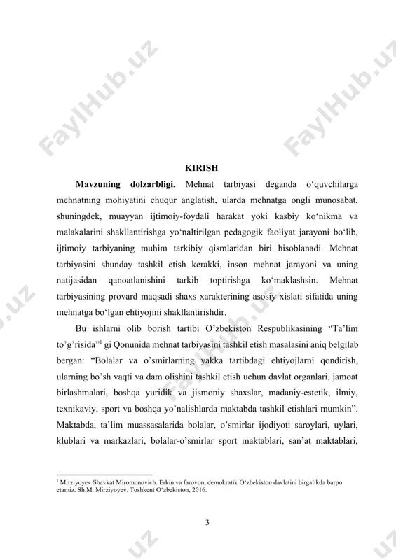 gan inson tarbiyasining maqsad va vazifalariga muvofiq ravishda hamda o`quvchilarning tashabbuskorligiga tayanish asosida tashkil qilinadi va olib boriladi. bundan tashqari o`quvchilarning yoshi, ularning qiziqish-havaslari ishning u yoki bu turiga tayyorgarlik darajalari hisobga olinadi. buni ayniqsa ishning mazmuni va usulini belgilashda hisobga olish muhim ahamiyatga ega. bunday ishlar o`quvchilarning kuchiga yarasha va ular uchun qiziqarli bo`lishi kerak. mehnat tarbiyasi o`quvchilar tashkilotlari hamda ota-onalarjamoasiyordamiga suyangan holda olib boriladi. bu ishlarning eng ko`p tarqalgan shakli quyidagilar: to`garak ishlari, ommaviy tadbirlar va o`quvchilarning mustaqil individual mashg`ulotlaridir. sinfda o’z ichiga olgan to’garaklar quyidagi turlarga bo’linadi; - fan to’garaklari; - kasb-hunar yo’nalishidagi to’garaklar; - sport to’garaklari; - san’at yo’nalishidagi to’garaklar. mehnat tarbiyasi o`quvchilarni ma`naviy-axloqiy ruhda tarbiyalashda, ularga bilim berishda muhim vosita bo`lganligi tufayli bu ishlarni keng yo`lga qo`yishga maktab direktorlari, ilmiy mudirlar, shuningdek, o`qituvchilarjamoasikatta e`tibor berishi, «kamolot»va «kamalak» tashkilotlari, ota-onalarjamoasiva maktab rahbaralri yordamidan har tomonlama foydalanish kerak. o`quvchilar bilan olib boriladigan mehnat tarbiyasi o`qituvchilar jon dillari …