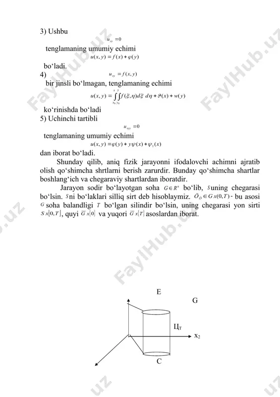 arasi yon sirti , quyi va yuqori asoslardan iborat. е g цт х2 c x1 s differensial tenglamnalar uchun, asosan uch tipdagi masalalar bir-biridan farq qiladi. a) koshi masalasi. bu masala, asosan, giperbolik va parabolik tipdagi tenglamalar uchun qo‘yiladi. soha butun fazo bilan ustma-ust tushadi, bu holda chegaraviy shrtlar bo‘lmaydi. в) chegaraviy masala elliptik tipdagi tenglamalar uchun qo‘yiladi, da chegaraviy shatrlar beriladi, boshlang‘ich shartlar tabiiy bo‘lmaydi. г) aralash masala elliptik tipdagi tenglamalar uchun qo‘yiladi: bo‘lib boshlang‘ich va chegaraviy shratlar beriladi. 2. koshi masalasi va uning qo‘yilishida xarakteristikalarning roli. (1) tenglama uchun koshi masalasi bunday qo‘yiladi: koshi masalasi: sinfga tegishli, yarim fazoda (1) tenglamani va da (4) boshlang‘ich shartlarni qanoatlantiruvchi funksiya topilsin. (2) tenglama uchun koshi masalasi quyidagicha qo‘yiladi. koshi masalasi: sinfga tegishli, yarim fazoda (2) tenglamani va (5) boshlang‘ich shartlarni qanoatlantiruvchi funksiya topilsin. keltirilgan koshi masalasini umumlashtirish mumkin. shu maqsadda o’zgaruvchili ikkinchi tartibli ushbu kvazichiziqli differensial tenglamani tekshiramiz: (6) etarli …