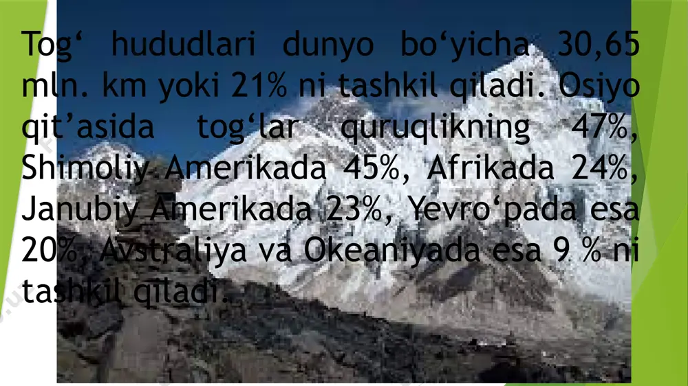 i olib ketish. tog‘ tuproqlarining profili yupqa, shag‘alli, unda birlamchi minerallar ko‘p, ikkilamchilari esa kam, organik moddalar gumus qatlamida 15-20% to‘planishi mumkin. tuproq eroziyasi deb, mayda qum va chang zarrachalarining suv bilan yuvilish va shamol yordamida olib ketilishi jarayoniga aytiladi. eroziya ikki turga: geologik va tuproq yuvilishiga bo‘linadi. birinchi xili, ya’ni geologik eroziya muzliklar harorati, erishi, suv oqimi, havo haroratining o‘zgarib turishi natijasida tog‘ jinslari yemirilib, maydalanib, yonbag‘irlar, daryo yotqiziqlari, pillapoyalar, vodiylar hosil qiladi. insonlarning o‘rmonlarni qirqishi, tabiiy va lalmikor yerlarni haydashi, yaylov sifatida chorvachilikda o‘tloq yerlardan foydalanishi, sugorishi natijasida tuproq eroziyasi rivojlanadi. dunyo bo‘yicha quruqlikdagi yerning 31% i suv eroziyasi va 34% i shamol eroziyasiga mubtalo bo‘lishi natijasida 430 mln. ga yerdan 60 mlrd. tonna mahsulot tuproqdan olib chiqib ketiladi. shu davrgacha qishloq xo‘jaligida foydalanilgan yerdan ikki milliard gektar va 2000-yil oxiriga borib esa yana bir milliard gektar yer eroziya natijasida ishdan chiqishi aniqlangan. tuproq eroziyasi deb, mayda qum …