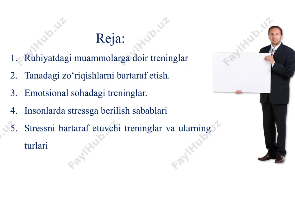 tvor me’yorlari hamda boshqa masalalarni ham e’tiborga olish lozim. nevrotik reaksiyalar natijasi bo‘lgan hissiy zo‘riqishlarning rivojlanishidan saqlanish – sog‘lom insonlar profilaktikasi tizimida birinchi o‘rinda turishi lozim. bunday munosabatlarda albatta psixologik savodxonlik va ziddiyatlarni yechishga tayyorgarlik muhim ahamiyat kasb etadi, bunday tayyorgarlik ziddiyatli vaziyatlarda yuzaga keladigan hissiy kechinmalarini neytrallashtirishga imkon beradi. bunday vaziyatga tez-tez tushib turadigan va muammoli vaziyatlarda hissiy kechinmalarni yengib o‘ta olmaydigan insonlar uchun mutaxassis psixologlar quyidagi maslahatlarni tavsiya etadilar: noxushliklar bilan yolg‘iz qolmaslik. har bir insonda quvonchli kunlar bo‘lgani kabi noxush kechinmalar, ziddiyatli vaziyatlar ham bo‘lishi tabiiy holdir. bunga insonlar turlicha yondashadilar. agar kechinmalar u darajada og‘ir bo‘lmasa, kayfiyatga sezilarli ta’sir ko‘rsatmasa, u holda ularni mustaqil ravishda yengishga o‘rganish maqsadga muvofiqdir. bu holatda asosiy da’vo vaqtdir, u o‘tkir kechinmalarni silliqlaydi. 8 biroq, analogik va nisbatan jiddiyroq muammolar ba’zi kishilarda murakkab holatlarni, masalan, turg‘un depressiyalarni ham keltirib chiqarishi mumkin. bunday holda ularning butun xayoli, fikri-zikri ularni jarohatlagan kechinmalarga qaratiladi, …