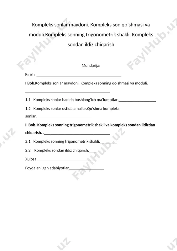 i dasturi asosida tayyorlangan ushbu qo’llanma ham shu ezgu maqsadni amalga oshirish uchun qo’yilgan navbatdagi qadamdir . qo’llanma matematika fanidagi kompleks sonlar mavzusiga bag’ishlangan bo’lib , unda kompleks sonlarga oid ko’plab nazriy ma’lumotlar ,amaliy masalalar o’z aksini topgan. agar son tushunchasining rivojlanib borishiga nazar tashlasak , uning boshi natural son bo’lib , nol va manfiy butun sonlarning , undan so’ng butunning ulishlari yordamida kasr sonlarning kiritilishi natijasida ratsional son tushunchasiga kelingan bo’lsa ,kompleks sonning kiritilishi uni haqiqiy sonlarda yechimi yo’qligini kengaytirdi. bunga sonlar ustida bajariladigan amallarga to’siq bo’ladigan holatni bartaraf qilish maqsadida qabul qilingan yangi tushunchalar sabab bo’ldi. agar x2+1=0 tenglamani qarasak, u haqiqiy sonlar to’plamida yechimga ega emasligi ravshandir. shu misolning o’zi haqiqiy sonlar to’plami hali mukammal emasligini , ya’ni uni yana kengaytirish kerakligini anglatadi. 5 bu yerda son tushunchasini haqiyiy sondan keying navbatdagi mukammallashtirish natijasi bo’lgan kompleks snlarni va ular ustidagi asosiy algebraic amallarga oid ma’lumotlarni keltiramiz mavzuning …
