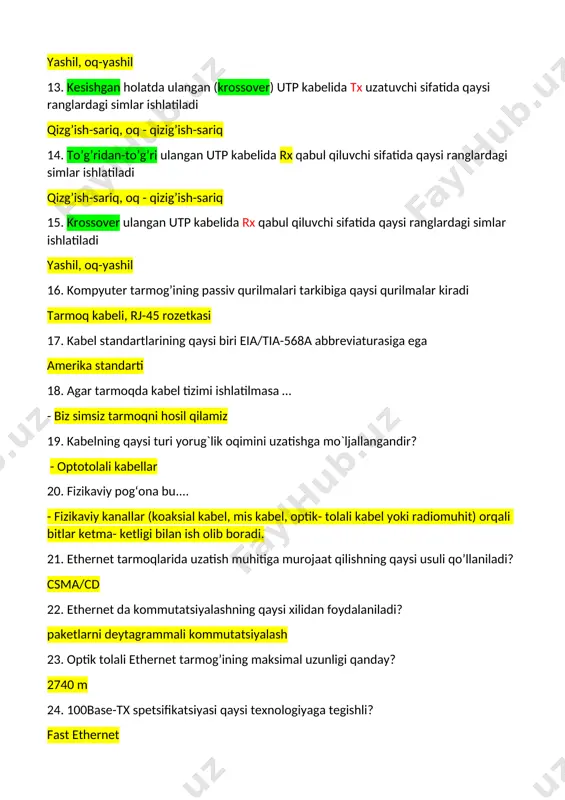 lamiz 19. kabelning qaysi turi yorug`lik oqimini uzatishga mo`ljallangandir? - optotolali kabellar 20. fizikaviy pog‘ona bu.... - fizikaviy kanallar (koaksial kabel, mis kabel, optik- tolali kabel yoki radiomuhit) orqali bitlar ketma- ketligi bilan ish olib boradi. 21. ethernet tarmoqlarida uzatish muhitiga murojaat qilishning qaysi usuli qo’llaniladi? csma/cd 22. ethernet da kommutatsiyalashning qaysi xilidan foydalaniladi? paketlarni deytagrammali kommutatsiyalash 23. optik tolali ethernet tarmog’ining maksimal uzunligi qanday? 2740 m 24. 100base-tx spetsifikatsiyasi qaysi texnologiyaga tegishli? fast ethernet 25. fast ethernet texnologiyasi spetsifikatsiyalari qaysi komitet tarkibida ishlab chiqilgan? 802.3 26. 100base-tx spetsifikatsiya qaysi texnologiyaga tegishli? fast ethernet 27. 1000base-sx spetsifikatsiya qaysi texnologiyaga tegishli? gigabit ethernet 28. ethernet texnologiyasi nechta standartga ega? 4 29. fast ethernet texnologiyasi nechta spetsifikatsiyaga ega? 3 30. 1980-1985 yillarda dastlabki lokal kompyuter tarmoqlari hisoblangan qanday lokal kompyuter tarmoqlari texnologiyalari ishlab chiqildi? ethernet, arcnet, token ring, token bus va fddi 31. ethernet texnologiyasi tarmoqlarida ma’lumotlar kadri qanday preambulaga ega 00001111 …