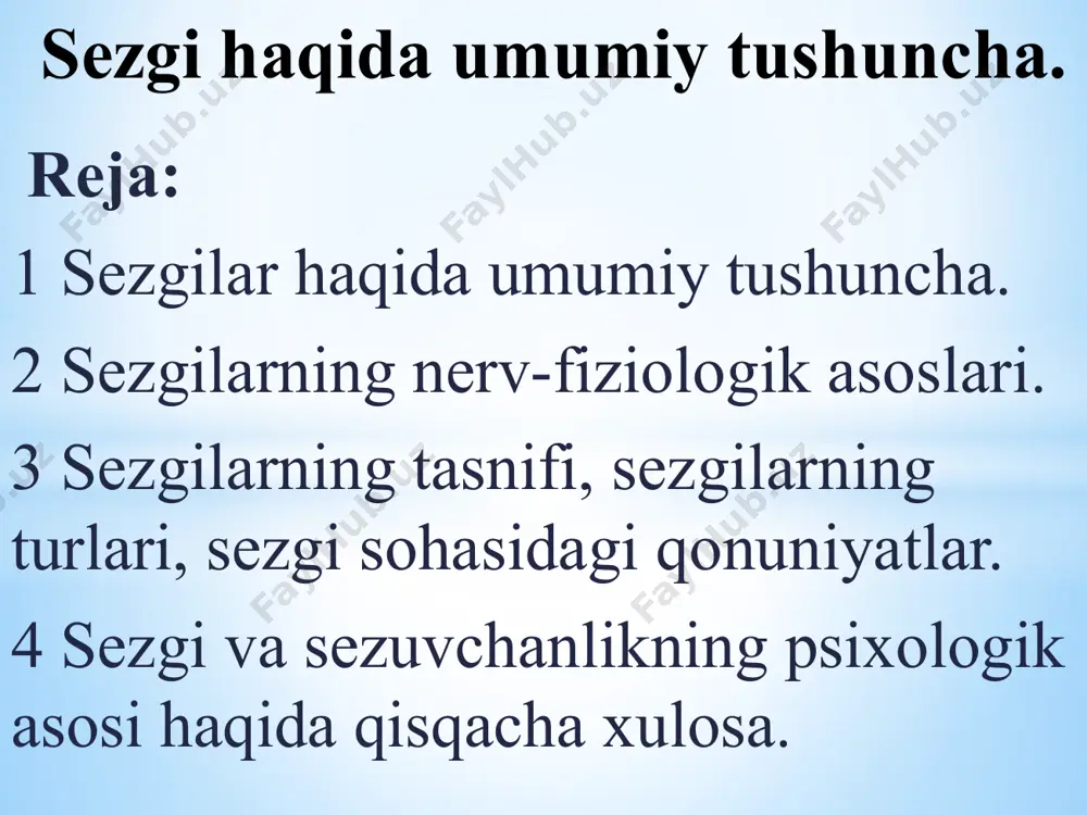 eriferik bo’limlaridan keladigan nerv signallarining qayta ishlanishi sodir bo’ladigan qobiq osti va qobiq bo’limlari(markaz). analizatorning o’zak qismida reseptordan markazga intiluvchi nervlar joylashgan bo’lib, ko’plab hujayralardan iborat. analizatorning o’zagi analiz va sintez qilish funksiyasini bajaradi. analizator nerv jarayonlarining yoki reflektor yoyining butun yo’li manbasi va eng muhim qismini tashkil etadi. reflektor yoyi elementlarning o’zaro munosabati murakkab organizmning tevarak-atrofdagi olamda to’g’ri mo’ljal olish organizmni yashash sharoitlariga muvofiq tarzdagi faoliyatining negizini ta'minlaydi. jahon psixologiyasi fanining so’nggi yutuqlari hamda atamalariga binoan sezgilar quyidagicha klassifikasiya qilinadi. ushbu tasniflanishning dastlabki ko’rinishi ingliz olimi ch.sherringtonga taalluqlidir. u reseptorning qaerda joylashganligiga qarab, sezgilarni uch turga bo’ladi. tashqi muhitdagi narsa va hodisalarning xususiyatlarini aks ettirishga moslashgan hamda reseptorlari tananing sirtqi qismida joylashgan sezgilar, ya'ni ekstroreseptiv sezgilar. ichki tana a'zolari holatlarini aks ettiruvchi hamda reseptorlari ichki tana a'zolarida, to’qimalarda joylashgan sezgilar, ya'ni interoreseptiv sezgilar. tanamiz va gavdamizning holati hamda harakatlari haqida ma'lumot (axborot, xabar) beruvchi muskullarda, bog’lovchi paylarda, mushaklarda joylashgan …