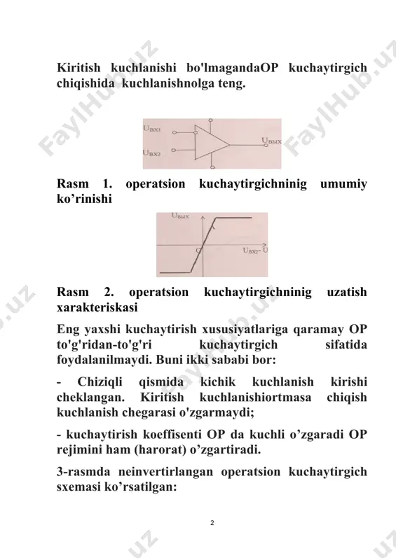 ida bo'lgani tanlanad. rasm-5.invertirlangan operatsion kuchaytirgichning sxemasi. op ni kiritish signalifazada sinusoidal o’qda signal180 ° o'zgarishlar bo'ladi. rasm-6. invertirlangan operatsion kuchaytirgichning uzatish xarakteriskasi. invertirlangan operatsion kuchaytirgich koeffisenti: minus belgisi ko'rsatadi kirish va chiqish kuchlanish qutblanishi qarama-qarshiligini rasm-7. operatsion kuchaytirgichning summatori. operatsion kuchaytirgichning chiqishidagi kuchlanish: 3 image5.jpeg image6.png image7.jpeg image8.jpeg image9.png image10.jpeg image11.png image1.png image2.jpeg image3.jpeg image4.jpeg