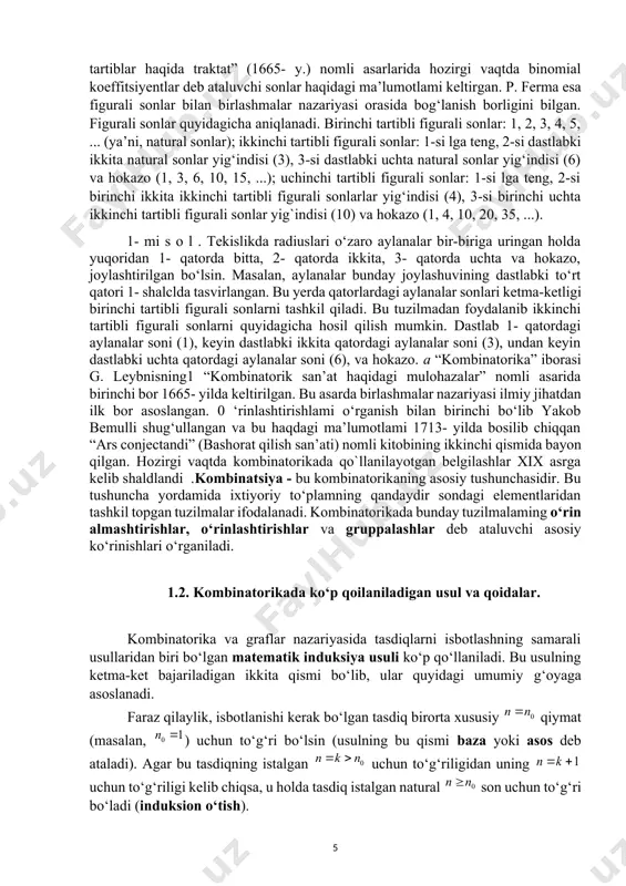 ladigan ikkita qismi bo‘lib, ular quyidagi umumiy g‘oyaga asoslanadi. faraz qilaylik, isbotlanishi kerak bo‘lgan tasdiq birorta xususiy qiymat (masalan, ) uchun to‘g‘ri bo‘lsin (usulning bu qismi baza yoki asos deb ataladi). agar bu tasdiqning istalgan uchun to‘g‘riligidan uning uchun to‘g‘riligi kelib chiqsa, u holda tasdiq istalgan natural son uchun to‘g‘ri bo‘ladi (induksion o‘tish). 2- misol. ixtiyoriy natural son uchun tenglikning o‘rinli bo‘lishini matematik induksiya usuli yordamida isbotlaymiz. baza: bo‘lsin, u holda yuqoridagi tenglik to‘g‘ri ekanligi ravshan: . induksion o‘tish: isbotlanish kerak bo‘lgan tenglik uchun to‘g‘ri, ya’ni tenglik o‘rinli bo‘lsin. bu tenglikning chap va o‘ng tomonlariga ifodani qo‘shib, uni ko‘rinishda yozamiz. oxirgi tenglikning o‘ng tomonida quyidagicha o‘zgartirishlarni bajaramiz: . demak, . oxirgi munosabat isbotlanishi kerak bo‘lgan tenglikning bo‘lgan holidir. ■ shuni ta’kidlash kerakki, biror tasdiqni isbotlash uchun matematik induksiya usuli qo‘llanilganda, bu usulning ikkala qismini ham tekshirib ko‘rish muhimdir, ya’ni baza va induksion o‘tish albatta tekshirilishi shart. ulardan biri tekshirilmasa noto‘g‘ri …