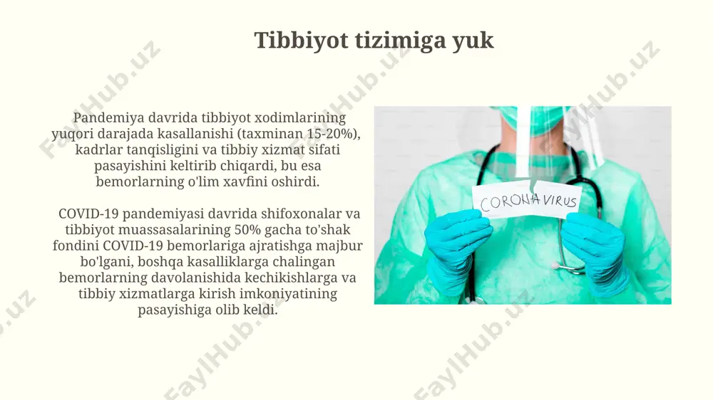 esa ishsizlik va kambag'allikning keskin o'sishini keltirib chiqardi. sogʻliqni saqlash tizimining zaif tomonlari pandemiya davrida tibbiyot xodimlarining haddan tashqari yuklanishi va kasallanishi tufayli, tibbiy xizmat koʻrsatish sifati pasaydi, oʻlim holatlarining 15% gacha oshishiga olib keldi. covid-19 pandemiyasi shifoxonalarning intensiv terapiya boʻlimlaridagi yotoqlar sonining yetarli emasligini, oʻrtacha 30% ga yetishmovchilikni va shuning uchun bemorlarni davolashda katta qiyinchiliklarni ochib berdi. ijtimoiy hayotga taʼsiri ta'lim muassasalarining yopilishi natijasida oʻquvchilar va talabalarning 70% dan ortigʻi ijtimoiylashuv imkoniyatlaridan mahrum boʻlib, bu esa kelajakda ijtimoiy moslashuv qiyinchiliklariga olib kelishi mumkin. pandemiya davrida onlayn muloqot vositalaridan foydalanish keskin oshgan boʻlsa-da, bu virtual muloqotning shaxsiy aloqaning oʻrnini toʻliq bosa olmasligi, natijada ijtimoiy charchash va stressning kuchayishiga olib kelganini koʻrsatdi. axborot texnologiyalarining roli covid-19 pandemiyasi davrida onlayn ta'limning keng qo‘llanilishi 100 milliondan ortiq talabani masofadan turib o‘qishga majbur qildi, bu esa raqamli bilim olish vositalariga bo‘lgan talabni keskin oshirdi. masofadan ishlashning ommaviylashuvi natijasida korxonalarning bulutli texnologiyalar va kiberxavfsizlikka bo‘lgan …