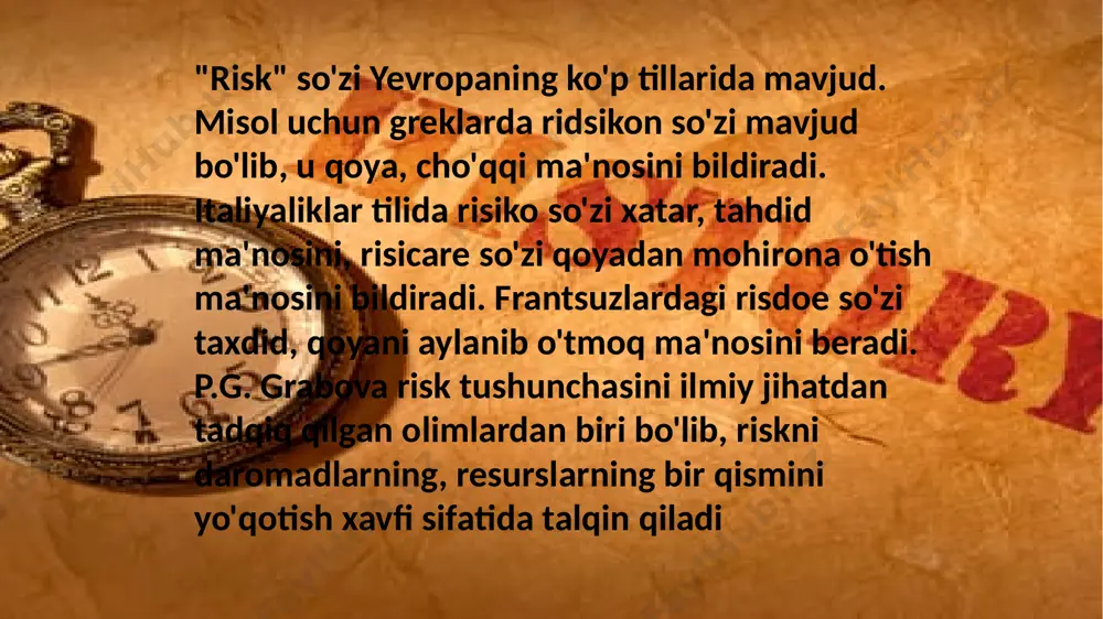 s, ya'ni ular investitsiya loyihasi ishtirokchilari ta'siridan tashqarida bo'ladi. shunday risklar ko'p xarajat talab qilganligi sababli ularni, ya'ni risklarni moliyalashtirish usuli qo'llaniladi. bunda loyiha ishtirokchilarining o'z-o'zini sug'urtalash, tajribali sug'urtachilar yordamida sug'urtalanishga mablag' ajratishi tushuniladi. o’zbekistondachi? o‘zbekiston respublikasi prezidentining f a r m o n i 2018 yil 1 oktyabrdan investitsiya faoliyatini amalga oshirish uchun yer uchastkalarini berishning quyidagi yangi mexanizmlari joriy etilsin: qishloq xo‘jaligiga mo‘ljallanmagan yer uchastkasini 50 yilgacha muddatga, lekin arizada ko‘rsatilganidan kam bo‘lmagan muddatga investitsiya loyihalarini amalga oshirish uchun uzoq muddatli ijaraga berish; chet el investitsiyalari ishtirokidagi korxonalar ustav fondining eng kam miqdorini 600 million so‘mdan 400 million so‘mgacha kamaytirish; aksiyadorlik jamiyatlari ustav fondining eng kam miqdorini 400 million so‘m miqdorida belgilash; risklarning oldini olish va nazorat qilish bosqichi ma'lum reja va dasturlar asosida aniq tashkiliy-texnik tadbirlarni ko'rib chiqadi. bu bosqichda quyidagi tadbirlar amalga oshiriladi: -risklar monitoringi; -riskni istiqbolini belgilash; -taxdid soluvchi xatarlar haqida rahbarlarga ma'lumot berish va …